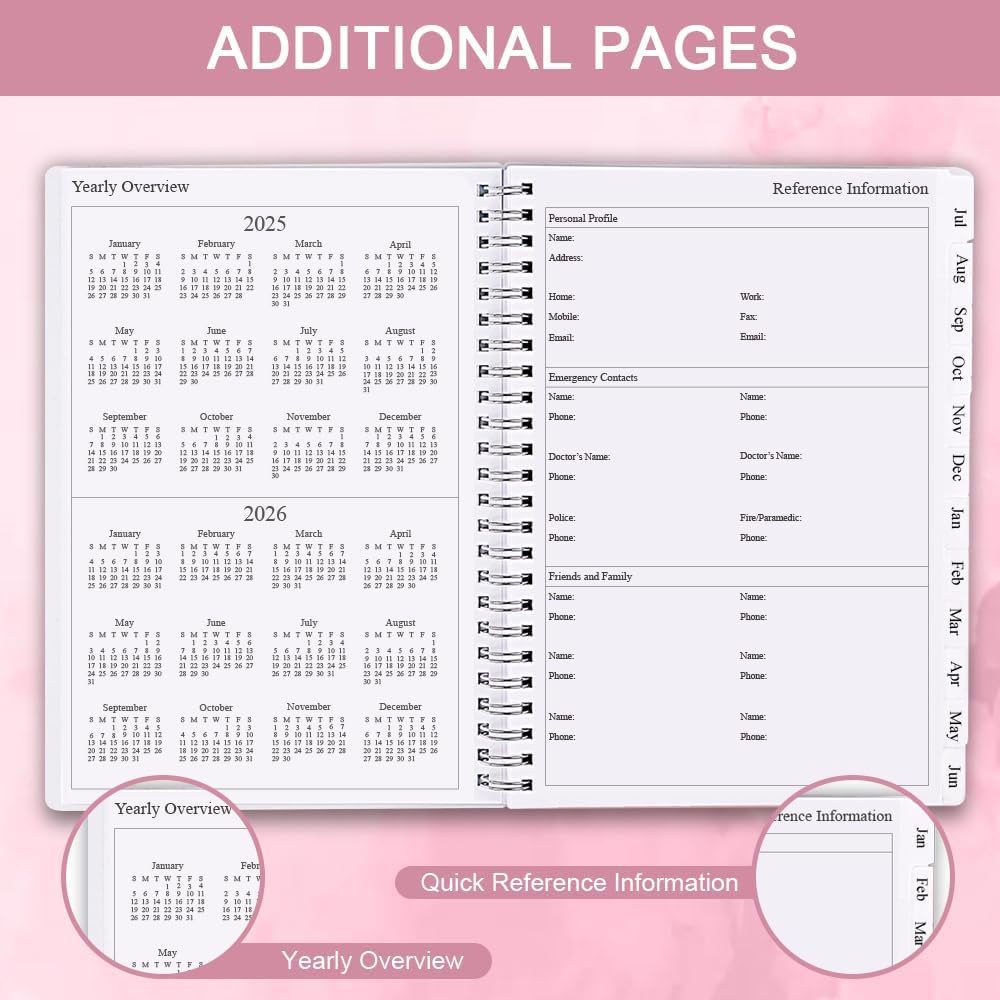 2025-2026 Planner - Monthly Planner Runs July 2025 to June 2026, 6.25" x 8.25", 12 Monthly Tabs, 14 Notes Page, Inner Pocket, Flexible Cover with Twin-Wire Binding, Planners 2025-2026, Pink