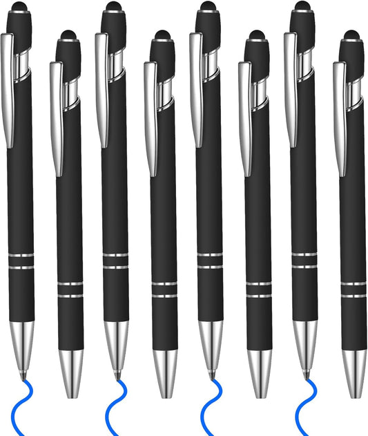 8 Pcs Blue Ink Ballpoint Pen with Stylus Tip 2 in 1 Stylus Ballpoint Pen Metal Pens Stylus Pen for Touch Screens School Office Coworkers (Black)