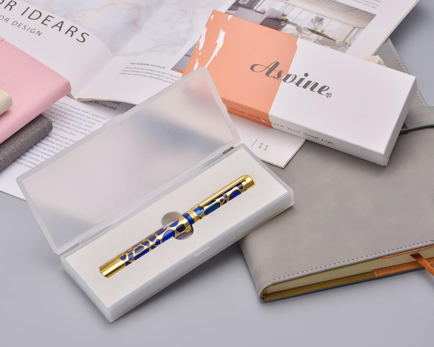 Asvine V169 Vacuum Filling Fountain Pen Extra Fine Nib, Water Drop Skeleton Gold Trim Transparent Blue Acrylic Pen Case Set