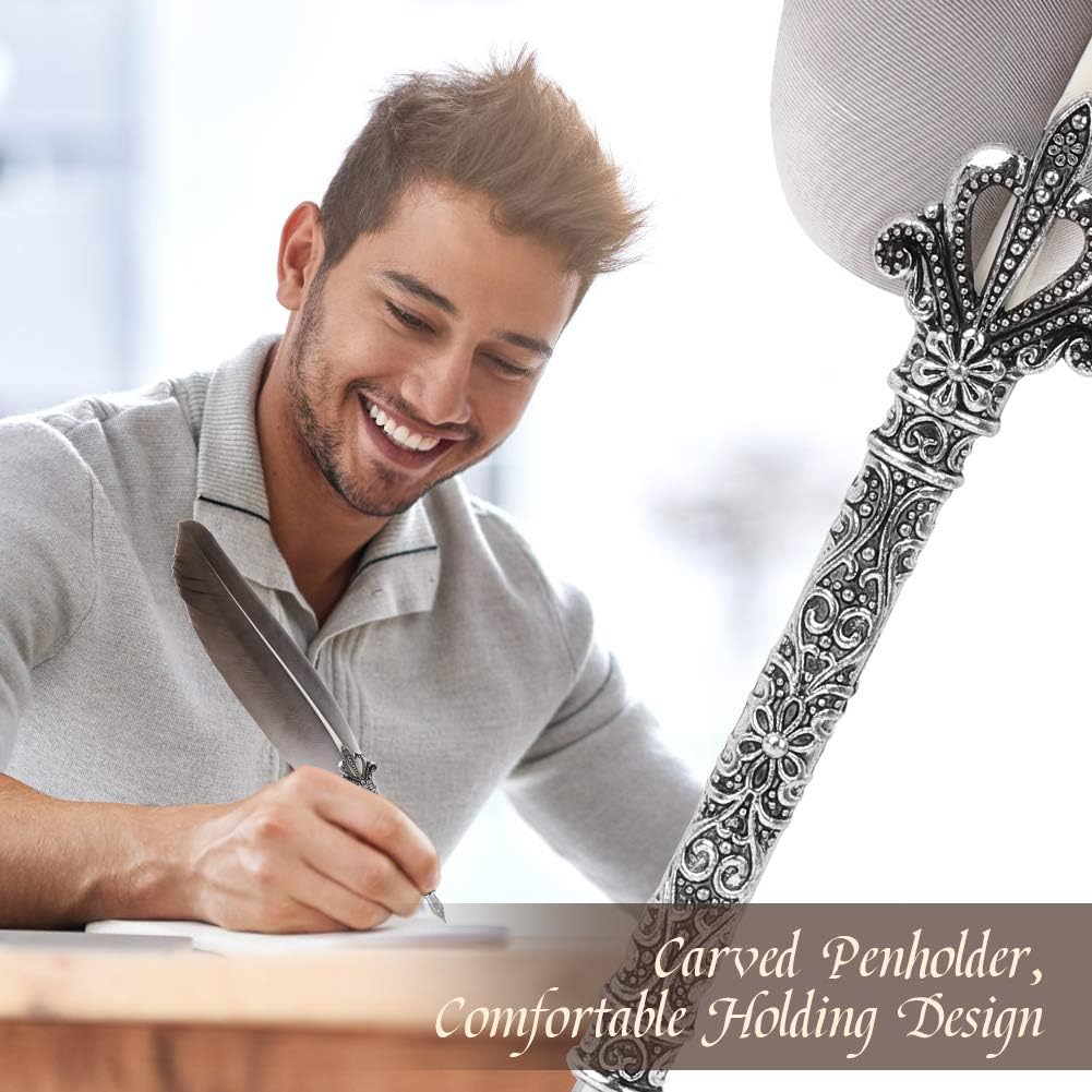 Quill Pen, Hand Made Antique Quill Dip Pen, Calligraphy Writing Drawing Pen for Students Officer, Write Smoothly, Executive Gift with Empty Ink Bottle, 6 PCS Nib for Art