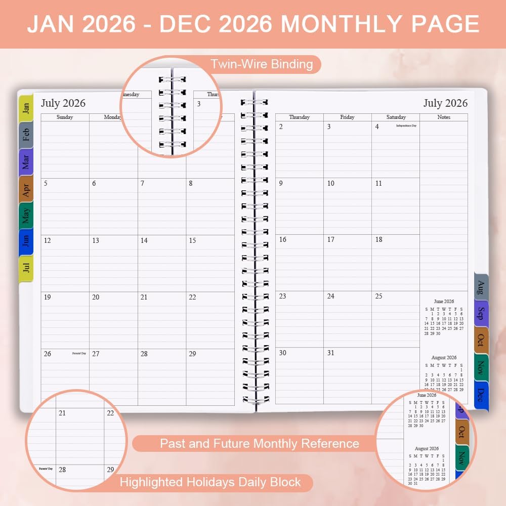 2026 Planner - Weekly & Monthly Planner Runs January 2026 to December 2026, 6.25" x 8.25", 12 Monthly Tabs, 14 Notes Pages, Inner Pocket, Flexible Cover with Twin-Wire Binding, Planners 2026