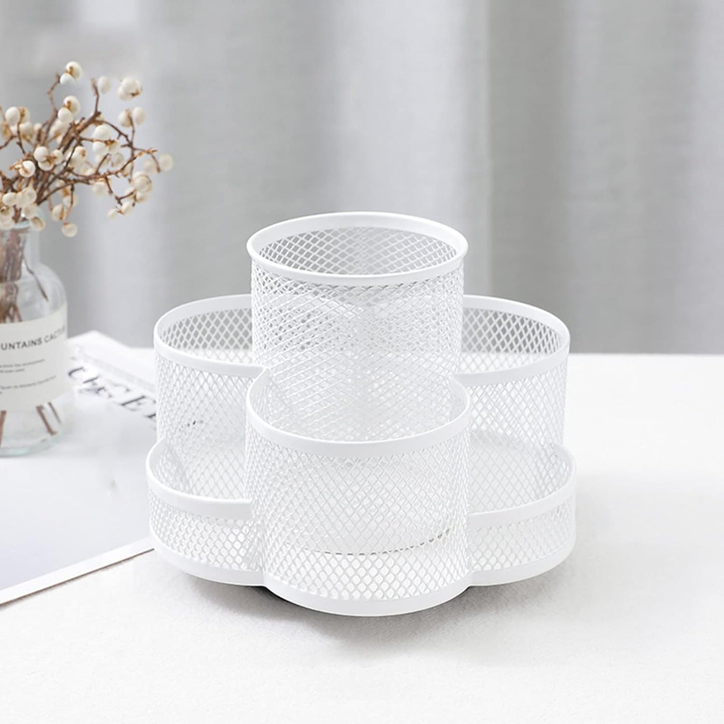 360 Rotatable Metal Mesh Desktop Stationery Organizer Pen Pot Makeup Brush Organizer for Home School Office (White)