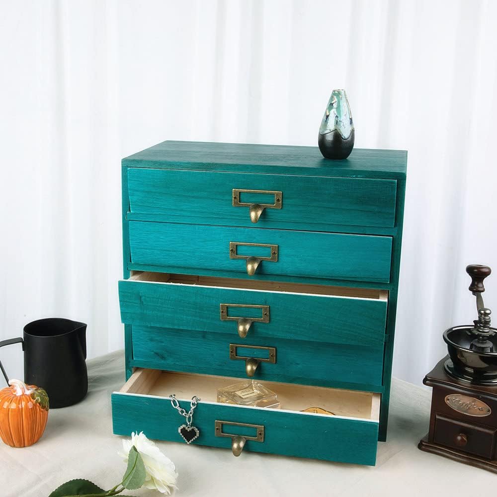 Small Wooden Drawers Rustic Desk Organizers and Accessories Wooden Storage Box with Drawers Desktop Storage Library Card Catalog Cabinet School Supply Storage Apothecary Cabinet(S-BLUE)