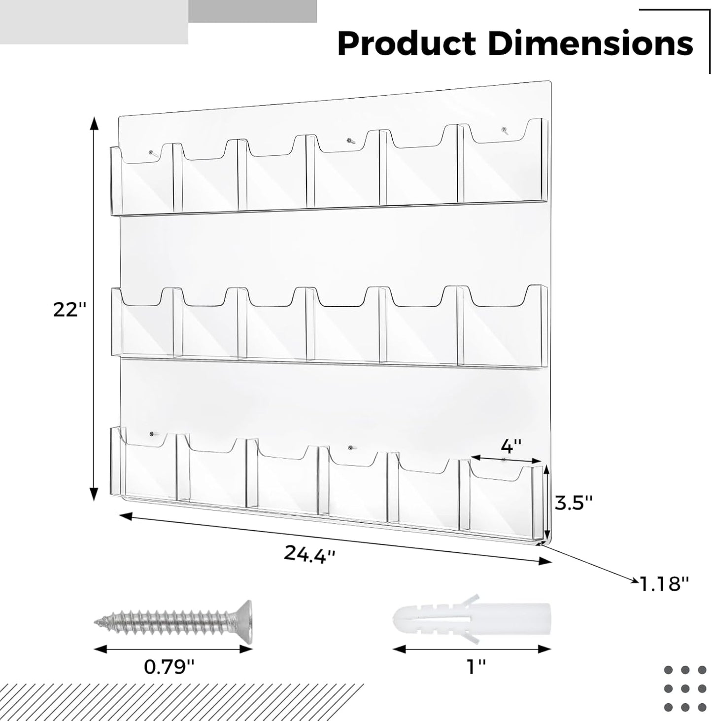 18 Pockets Acrylic Brochure Pamphlet Holder Wall Mount, 4 inches Pocket Brochure Display Stand, Pamphlet Display Stand Wall Mount, Clear Plastic Trifold Flyer Rack Literature Holder