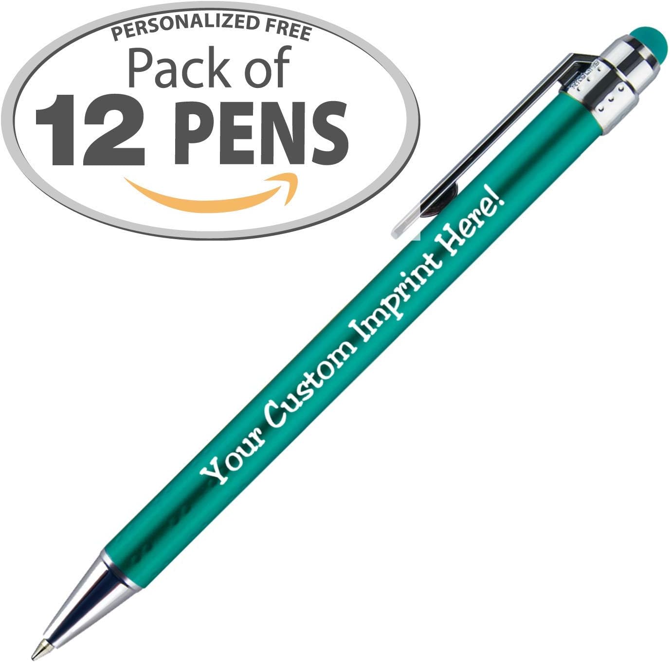 Personalized Pens with Stylus Tip -Bright Vibes- Click action - Custom - Black writing - Printed Name pens - Imprinted with Your Logo or Message - FREE PERSONALIZATION - 12 Pens/Box (Teal)