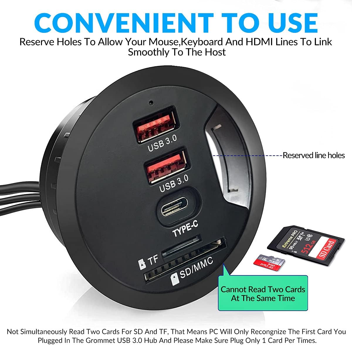 Grommet Desk-Fit USB 3.0 Hub (Diameter 2.36" or 60MM) 2 Port Type-A and 1 Port Type-C with SD/TF Card Reader,Compatible Charging and Data Transmission,