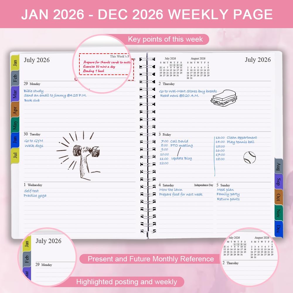 2026 Planner - Weekly & Monthly Planner Runs January 2026 to December 2026, 6.25" x 8.25", 12 Monthly Tabs, 14 Notes Pages, Inner Pocket, Flexible Cover with Twin-Wire Binding, Planners 2026