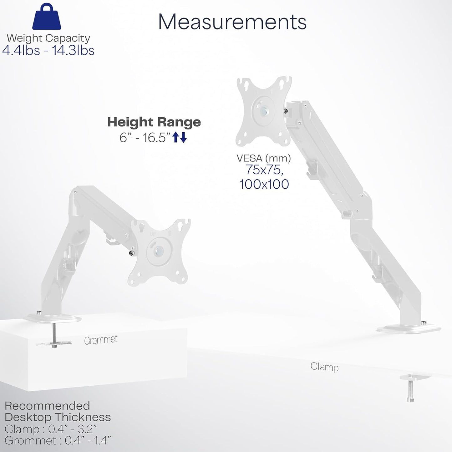 VIVO Heavy Duty Single Monitor Tension Arm for up to 27 inch Screens, Holds 14.3 lbs, Premium Desk Mount Stand, White, STAND-V101OW