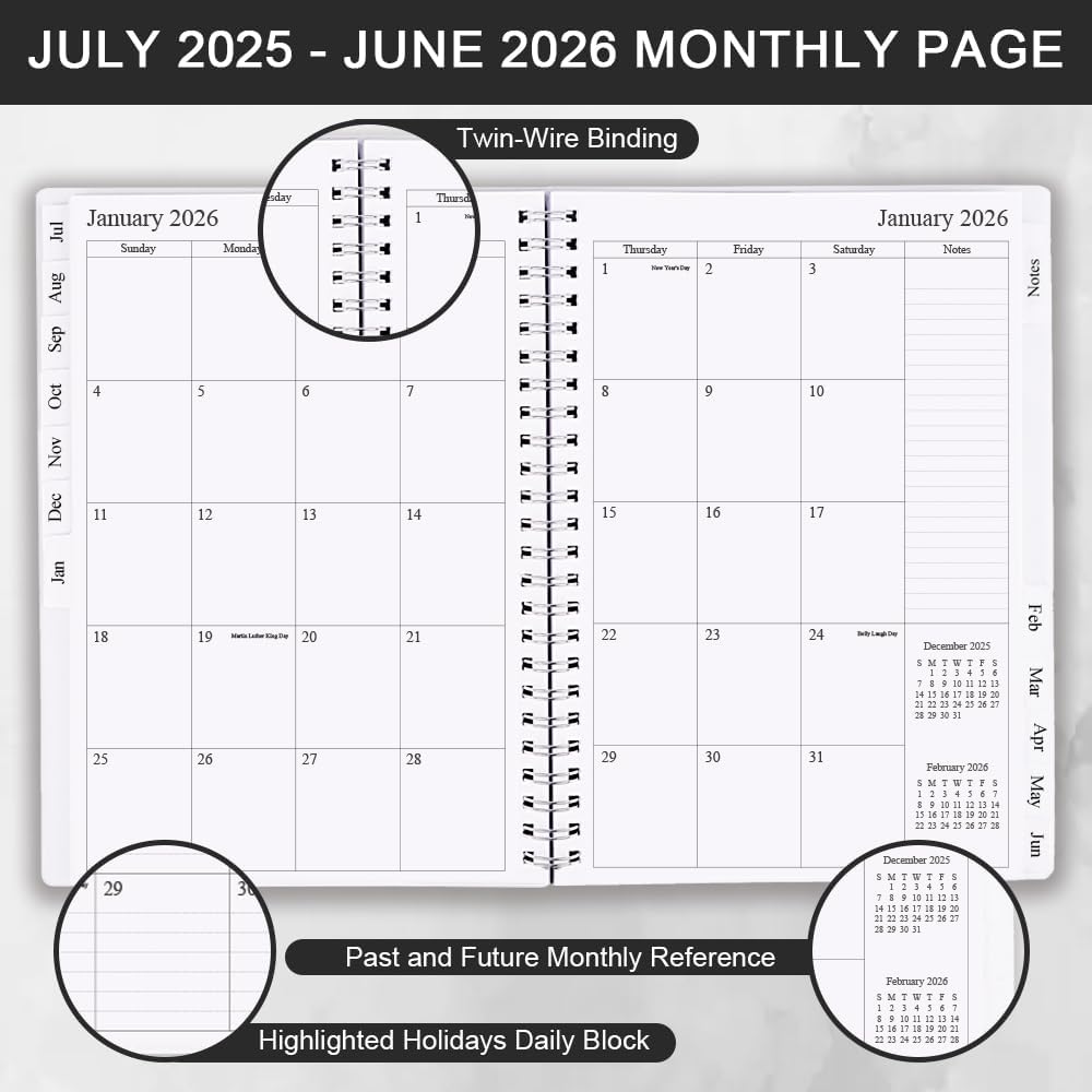 2025-2026 Planner - Monthly Planner Runs July 2025 to June 2026, 6.25" x 8.25", 12 Monthly Tabs, 14 Notes Page, Inner Pocket, Flexible Cover with Twin-Wire Binding, Planners 2025-2026, Black