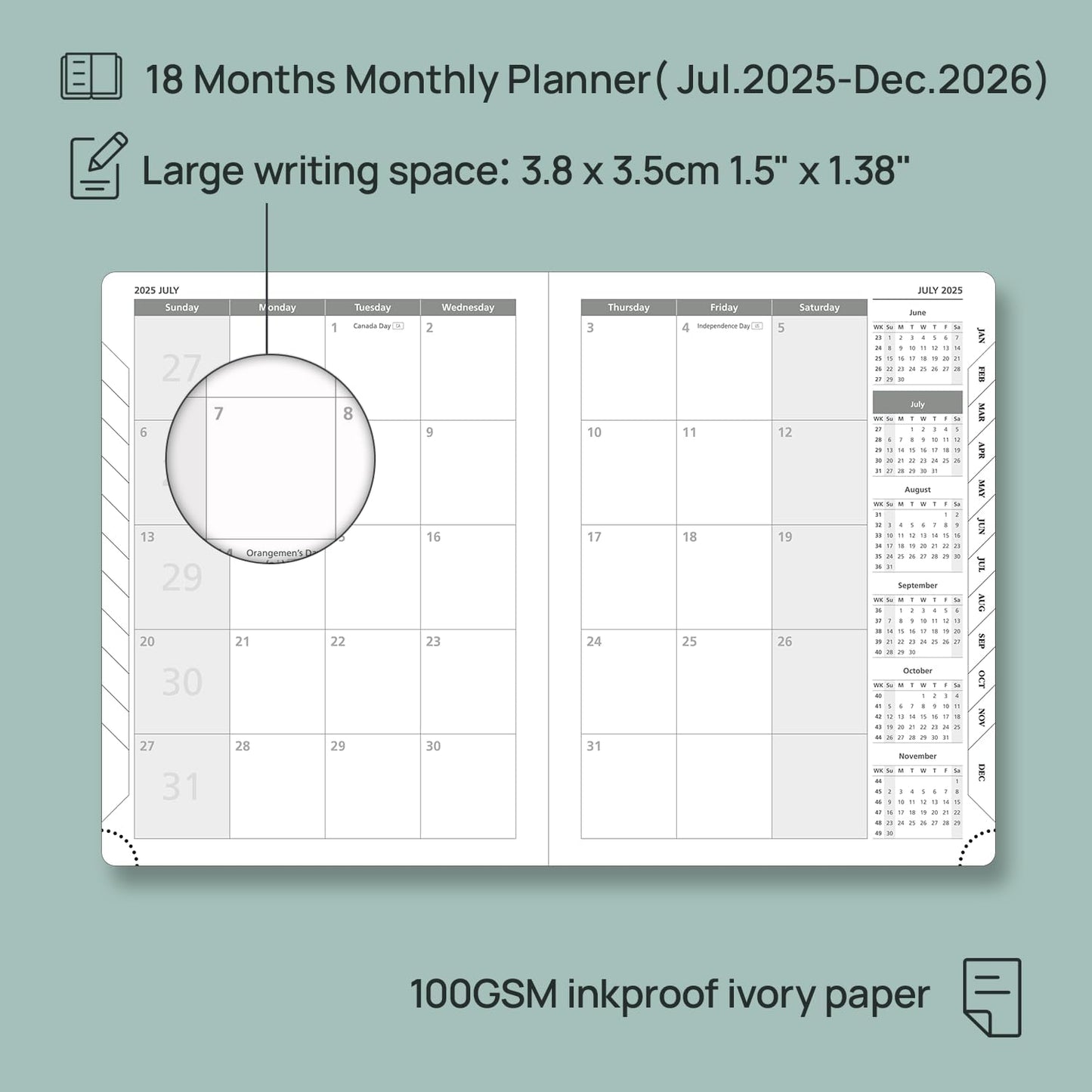 POPRUN Monthly Planner 2025-2026 (Medium- 6.5'' x 8.5'' Soft Cover), 18-Month Calendar Book (Jul.2025-Dec.2026), Calendar Planner with Monthly Tabs & Pocket, 100 GSM Paper - Black