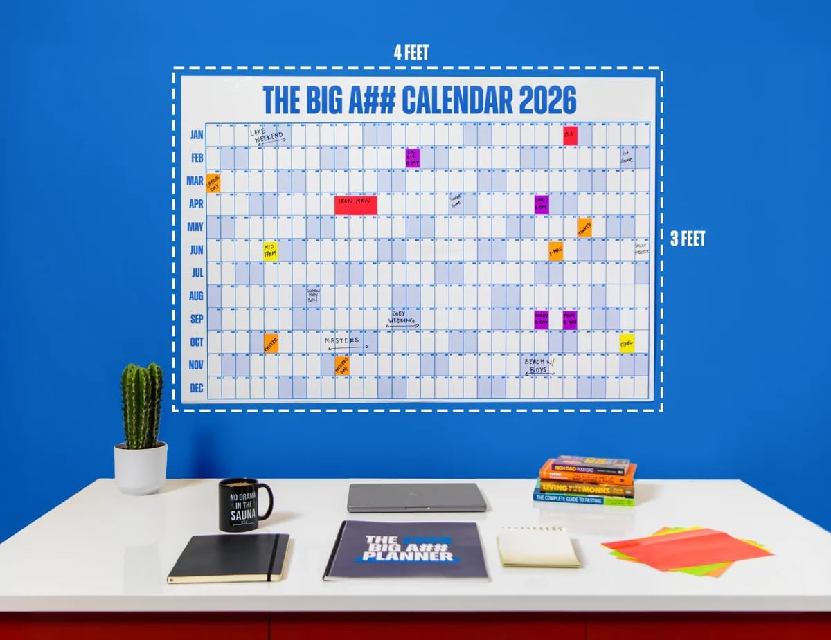 The Big A## Calendar Yearly Wall Planner – January to December Dry-Erase – Includes 1 Marker & 100 Labels – Lightweight, Easy to Hang Yearly Planner – Plan Goals & Adventures – Blue, 4’x3’