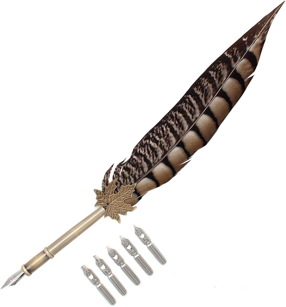 Gullor Quill Handcraft Feather Dip Pen Stem Metal Nib Pen Writing Quill with 5 Extra Nibs, Style D