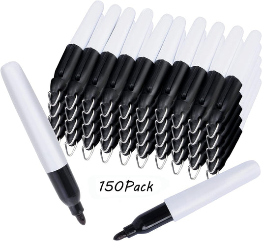 150 Pcs Mini Permanent Markers with Cap Clips Golf Ball Marker Pen Dry Erase Markers with Triangle Hook Golf Keychain Clips for Badge Black Ink Pens for Office School Outdoor Activities,Fine Point