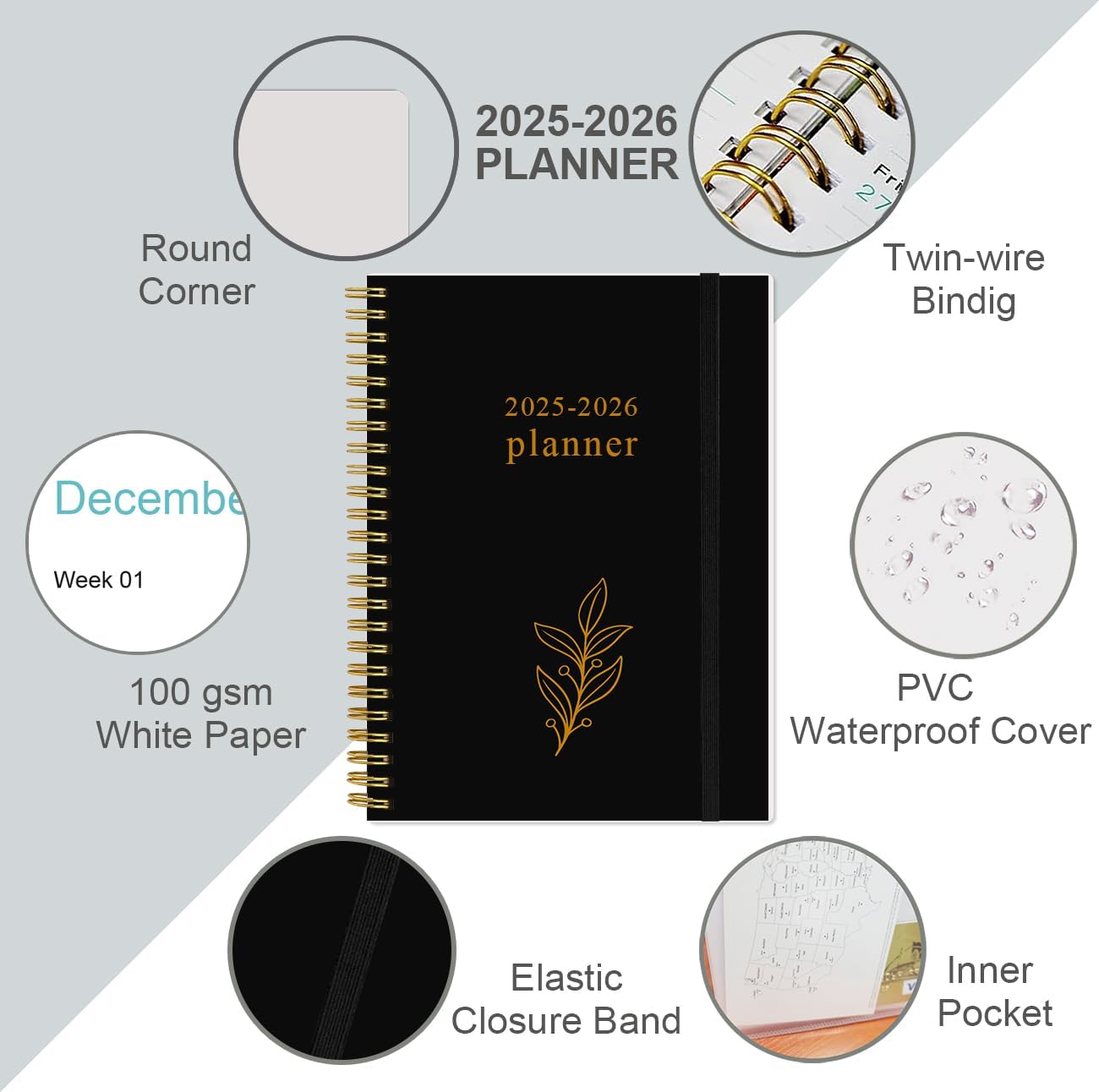 2025-2026 Planner - Academic Planner 2025-2026 from July 2025 - June 2026, Weekly & Monthly Planners Spiral Bound with 12 Monthly Tabs, Inner Pocket, 6.4" x 8.5", Black