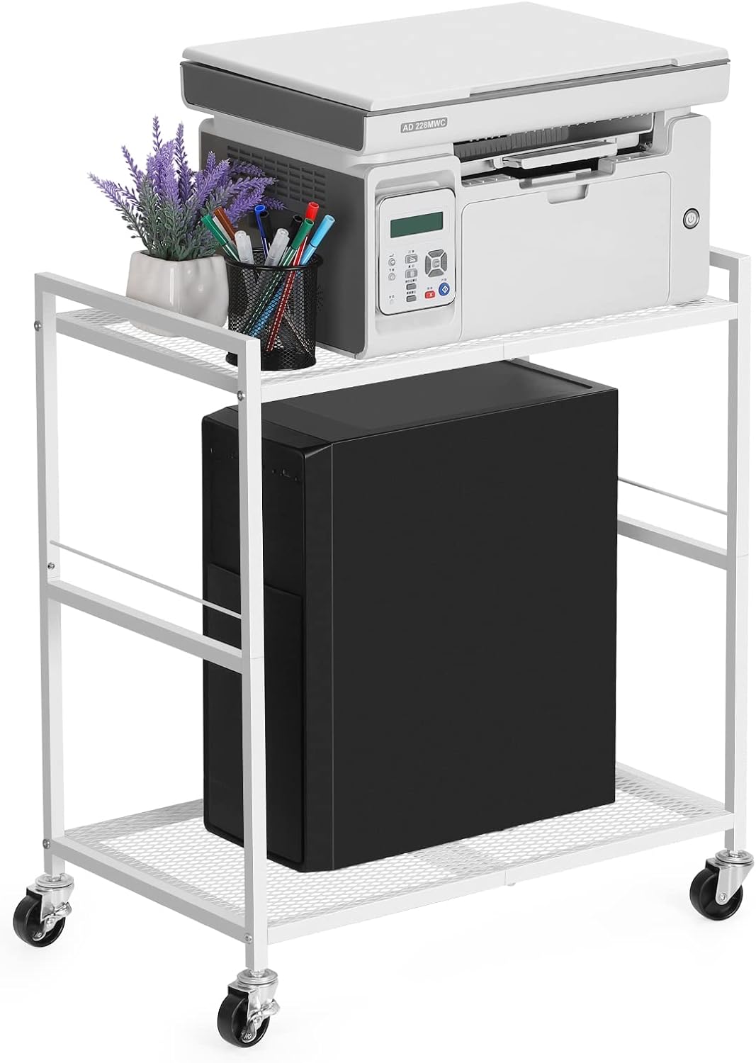 Computer Tower Stand, PC Tower Stand Metal Rolling Cart Holds up to 40lbs, 2 Tier Mobile Printer Stand with Storage Under Desk for Home & Office, White