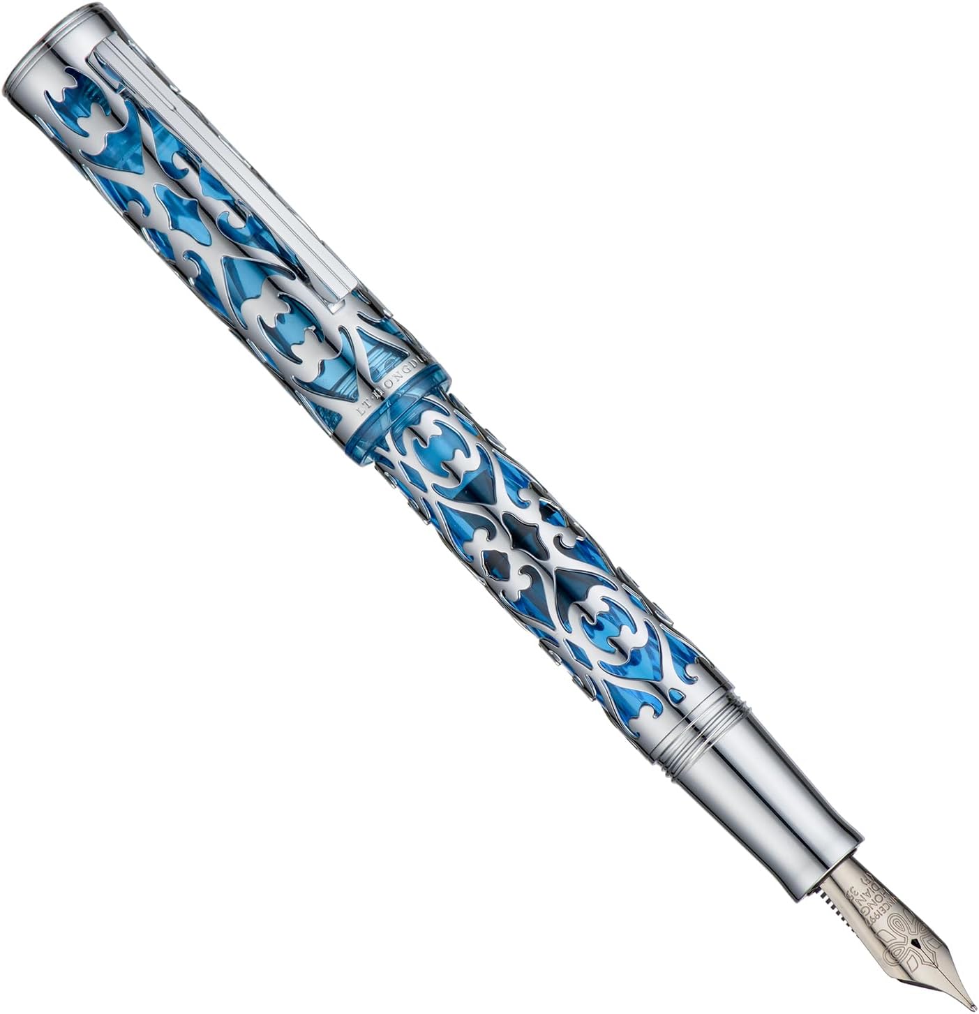 Hongdian D1 Piston Fountain Pen Fine Soft Nib, Silver Blue Hollow Skeleton & Resin Pen with Metal Case Set