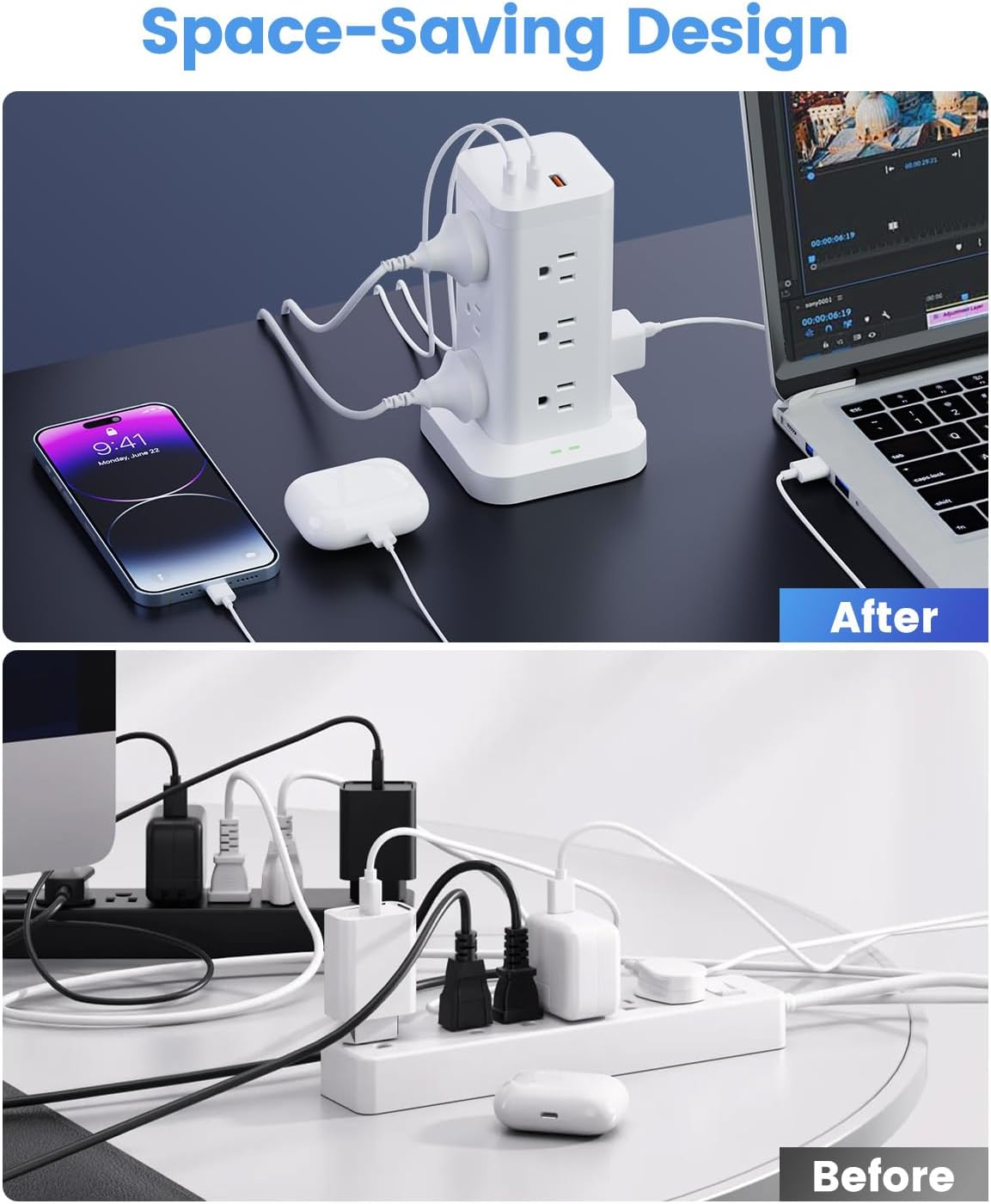 15-in-1 Power Strip Tower with Surge Protector 1800J, Fast Charging Tower PD20W USB-C Ports with 12 AC Outlets, 6ft Extension Cord for Home Office Dorm Room, White