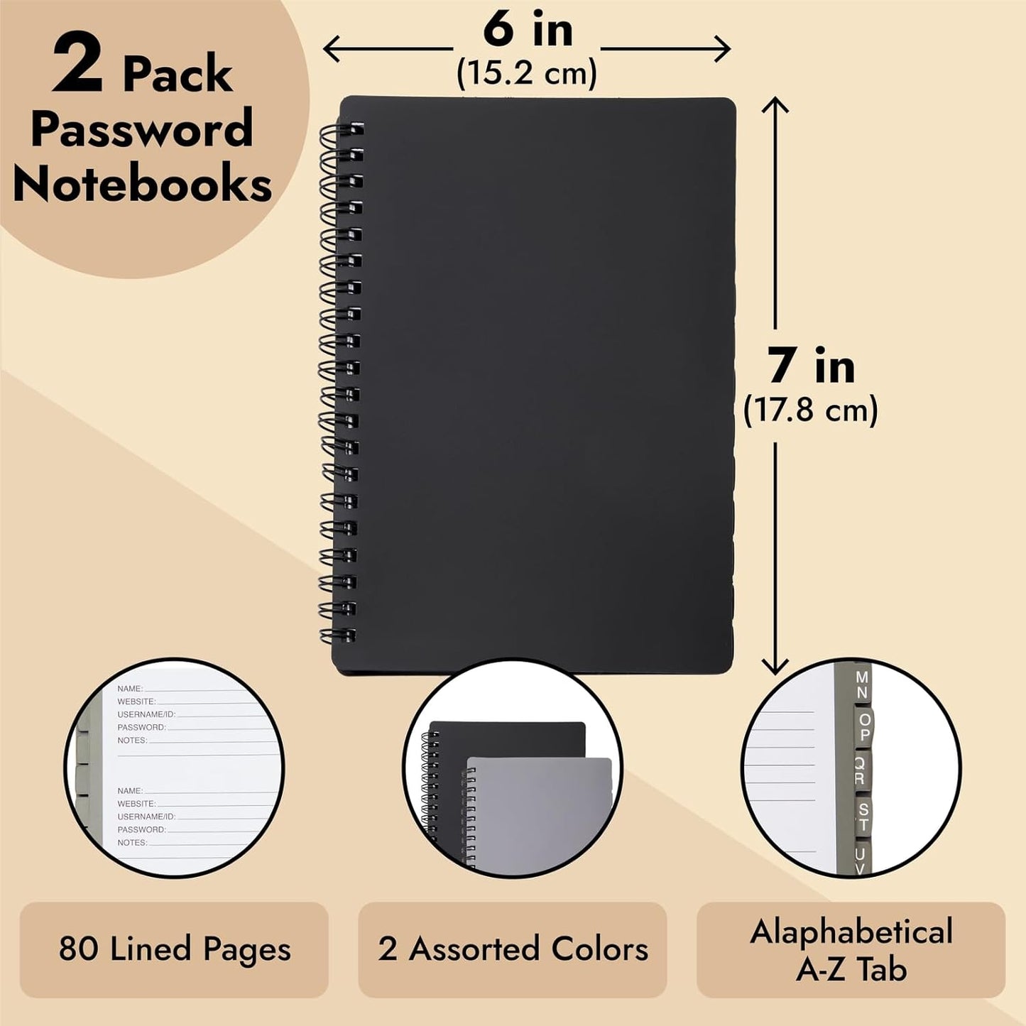 Juvale Password Book with Alphabetical Tabs - 5 x 7 in, 2-Pack, Gray & Black, 80 Lined Pages, Spiral-Bound, Plastic Cover - Password Notebook & Log Book for Username & Login Management