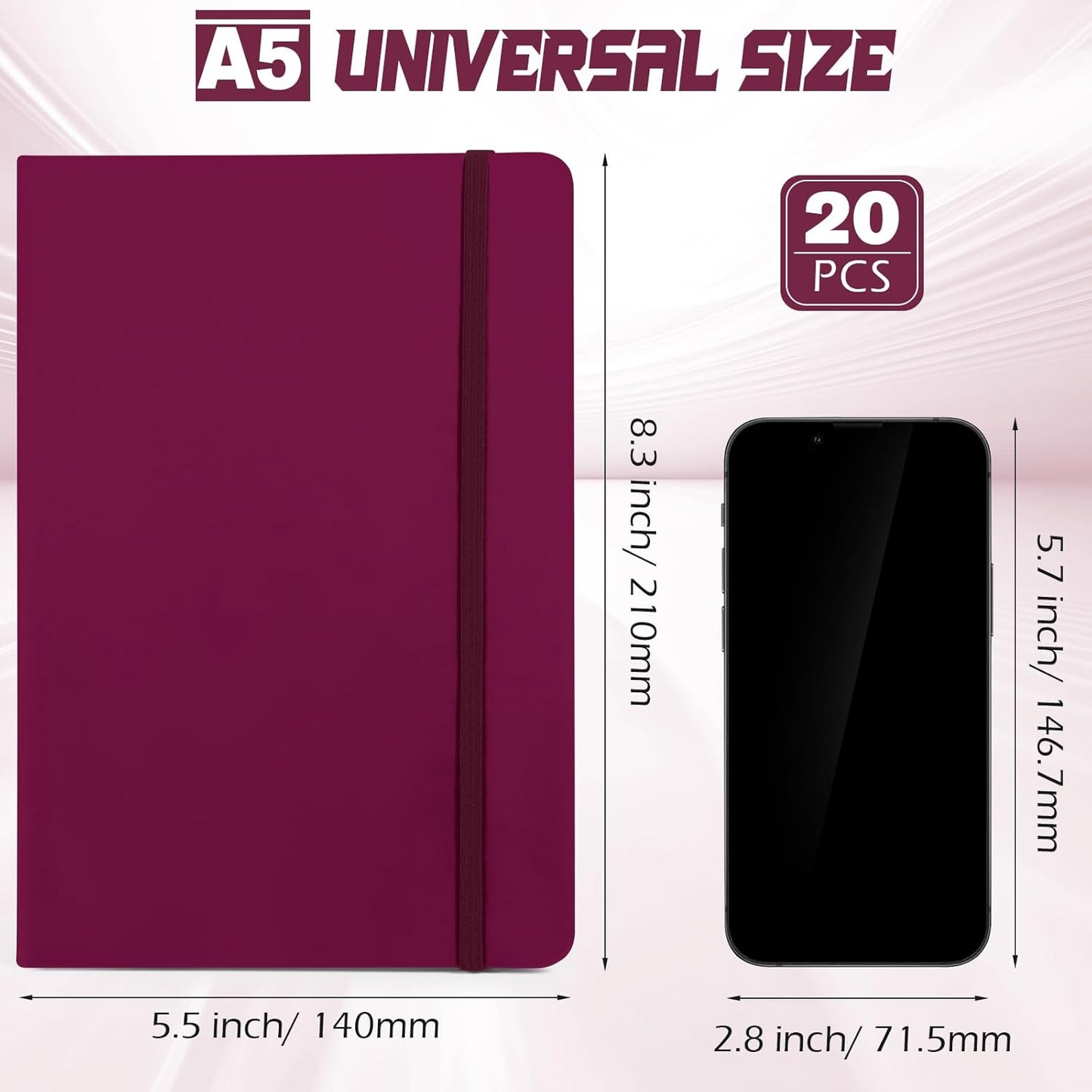 Honoson 20 Pack Lined Journal Notebooks A5 Hardcover Executive Notebook 5.5" x 8.3" PU Leather Wide Ruled Journals Bulk with Elastic Band for Home Business Office School Supplies(Burgundy)