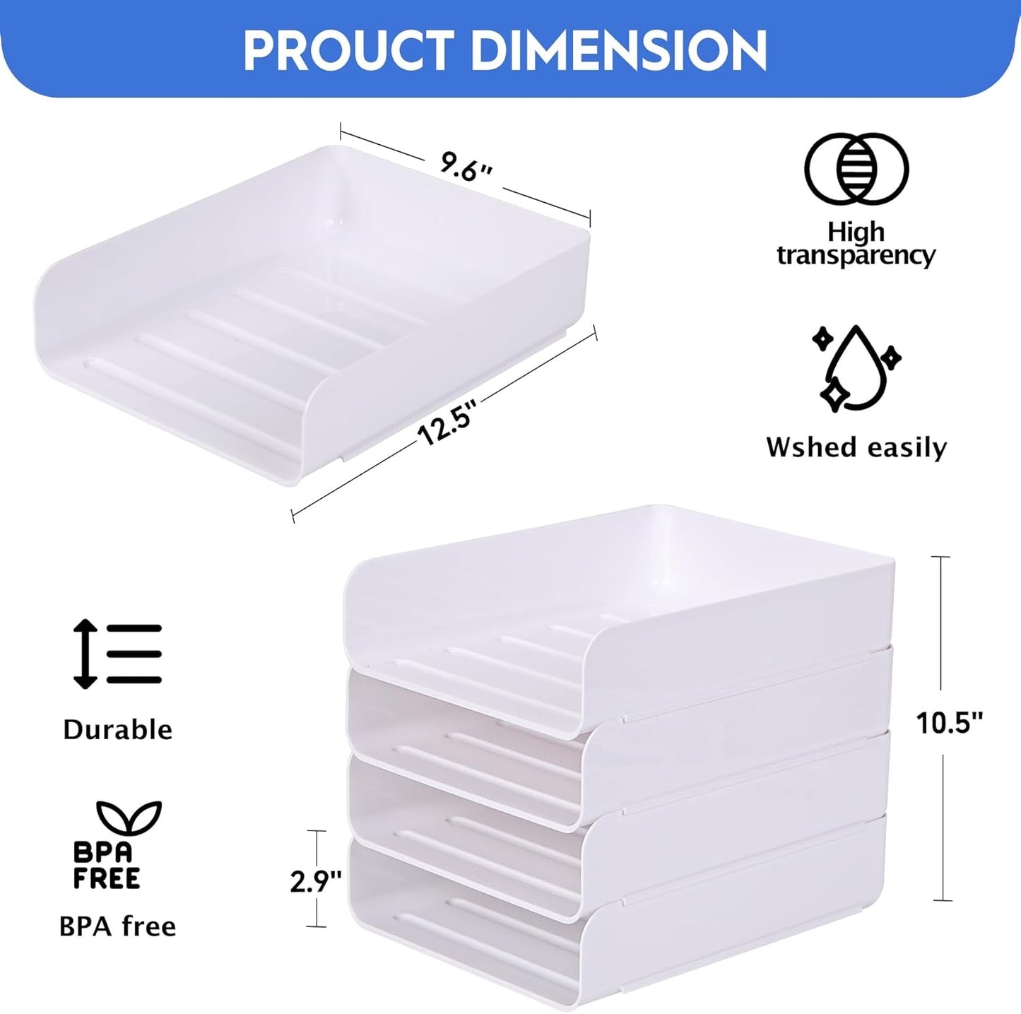 Set of 4 Office Organization and Storage, Clear PET Letter Tray Desk Organizer, Stackable Document Organizer, Office Supply Organizer for Notes, Pens, File Paper, Desk, White
