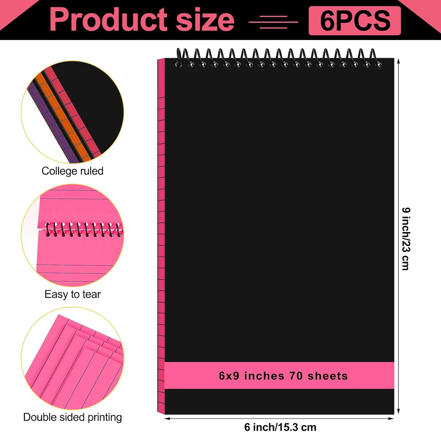 6 Pcs Legal Pad Top Spiral Bound Notebook 70 Sheets Wirebound Notepad Double Sided Ruled Memo Steno Pad with Stiff Back Cover for Business(6 x 9 Inches,No Holes,Rainbow Color)