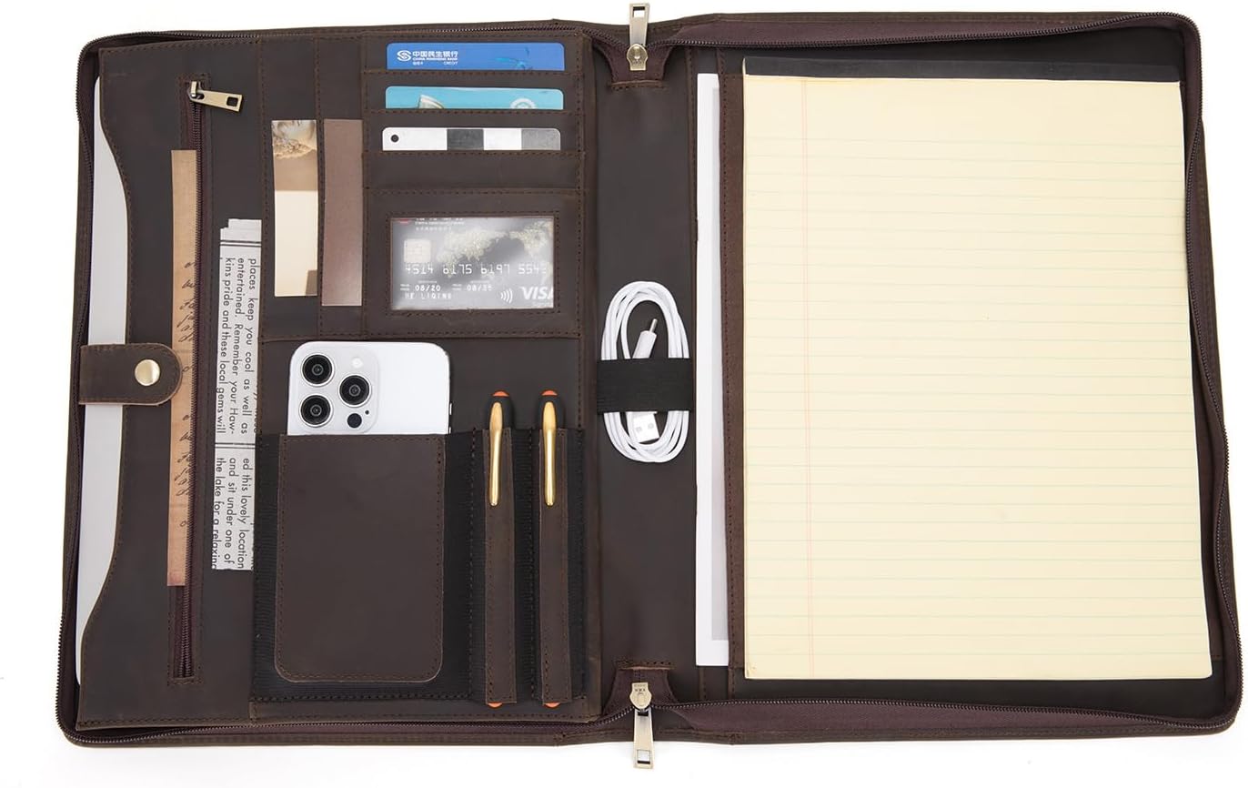 Personalized Genuine Leather Portfolio for Women and Men, Custom Engraved 8.5 x 11 Legal Padfolio, Zippered Notebook Laptop Organizer, Business Executive Folio for Work, Dark Khaki