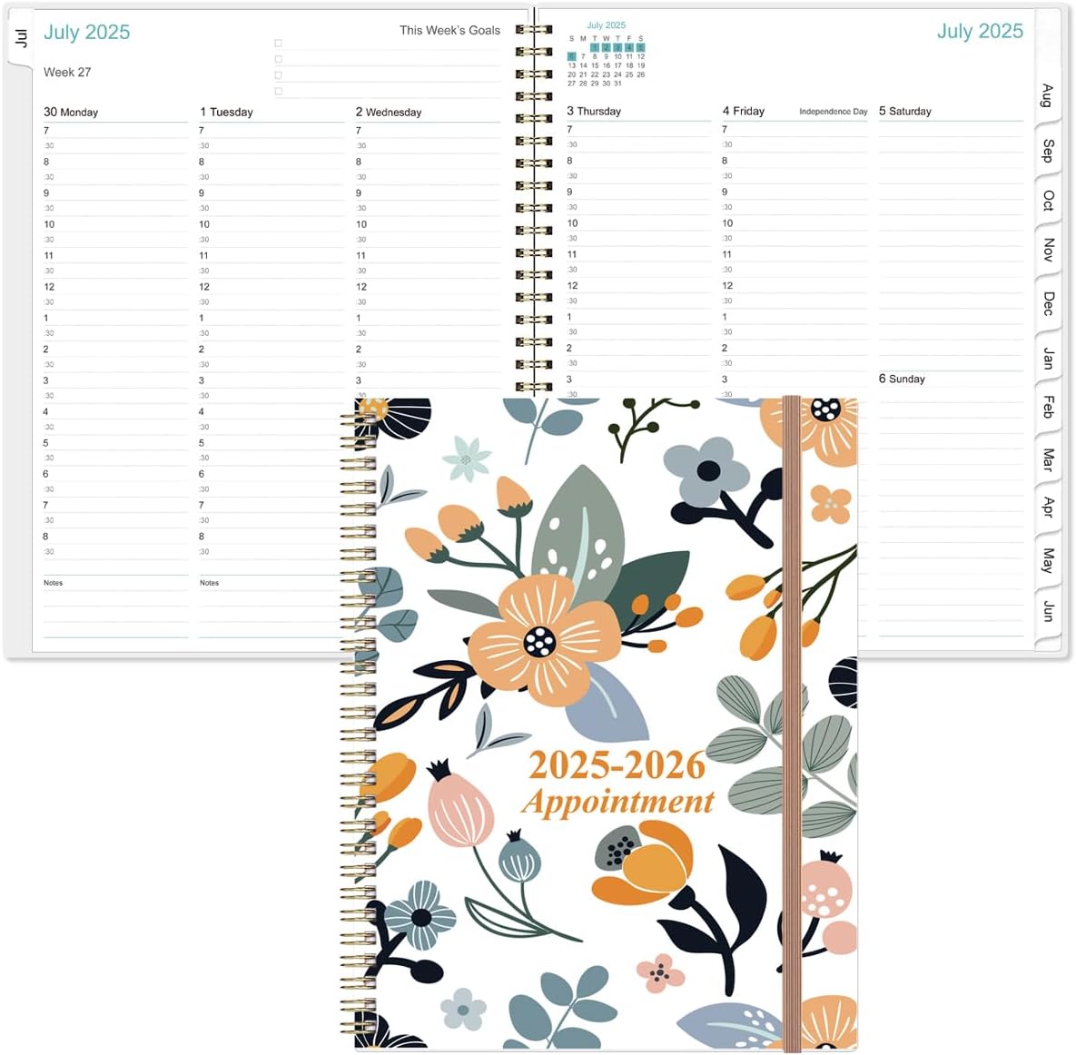 2025-2026 Appointment Book & Planner - 8.5" x 11" Daily Hourly Planner 2025 from July 2025 - June 2026, Weekly Appointment Book with 30-Minute Interval, Rose Flower