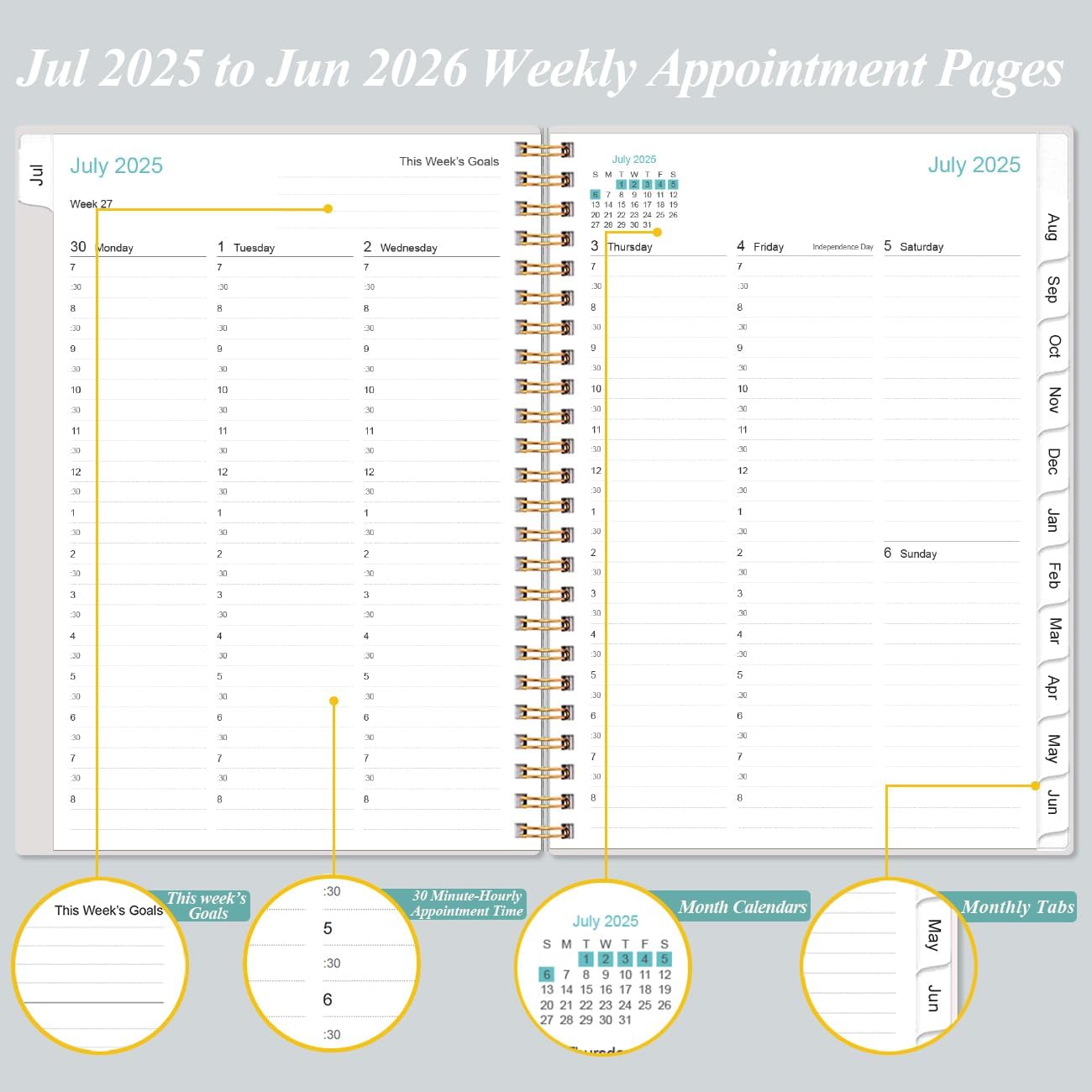 2025-2026 Appointment Book & Planner - Hourly Planner from July 2025 - June 2026, Weekly Appointment Book 2025-2026 with 30-Minute Interval, 6.4" x 8.5", Black