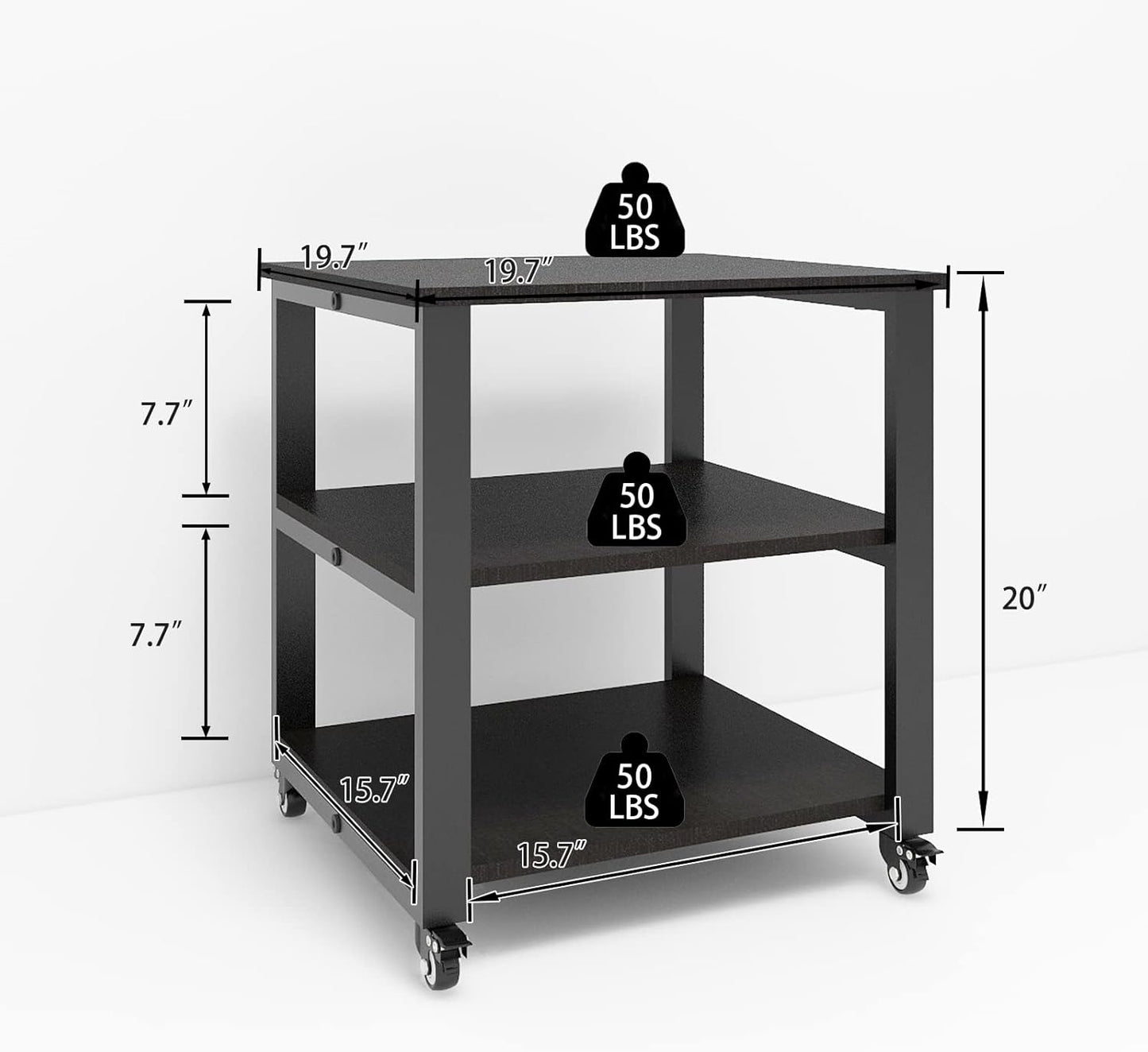 Natwind 3-Tier Laser Printer Cart,19.7''x19.7''x22.6'' Large Machine Stand,Heavy Duty Rolling Table with Storage,Floor-Standing Rack on Wheels,Paper File Organizer Shelf for Home Office (Black)