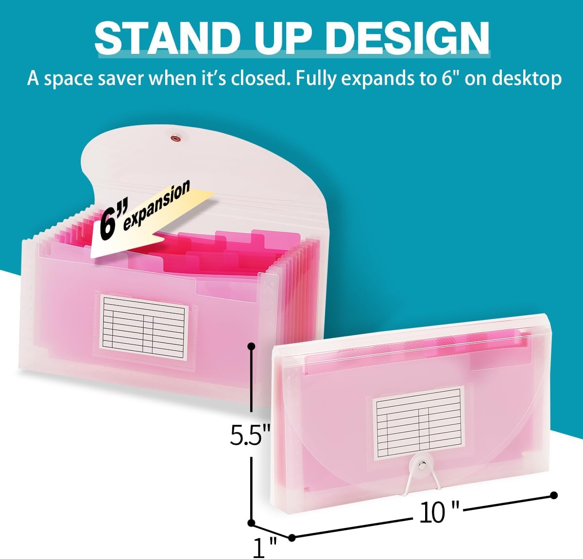 H4D Check Size 13 Pocket Expanding File Folder, Accordion File Organizer Wallet Case for Coupon Receipt Storage, 10 x 5.5 inches, Pink