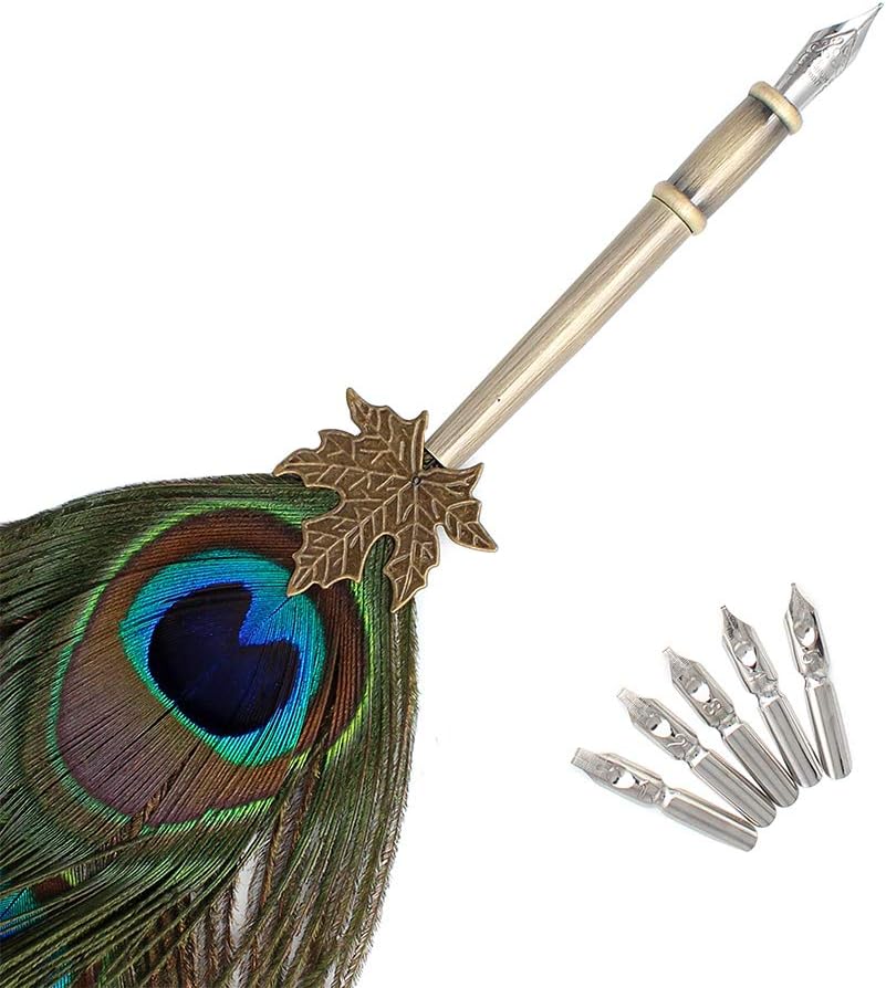 Gullor Quill Handcraft Feather Dip Pen Stem Metal Nib Pen Writing Quill with 5 Extra Nibs, Style G