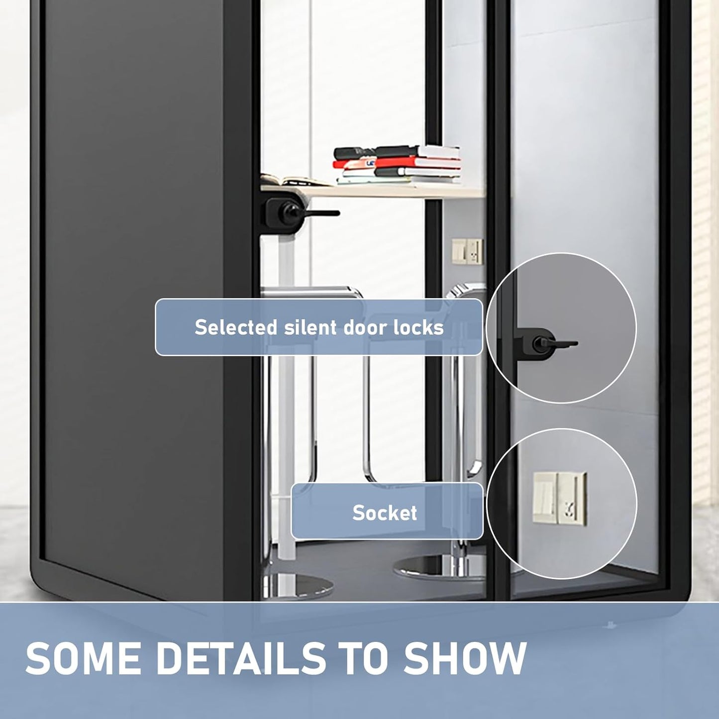 Office Sound Booth with Audio Privacy - Modern Soundproof Booth Includes Black Frame Design,Simple Soundproof Room with Light, Socket,Casters for Office,Negotiation (59.05IN)