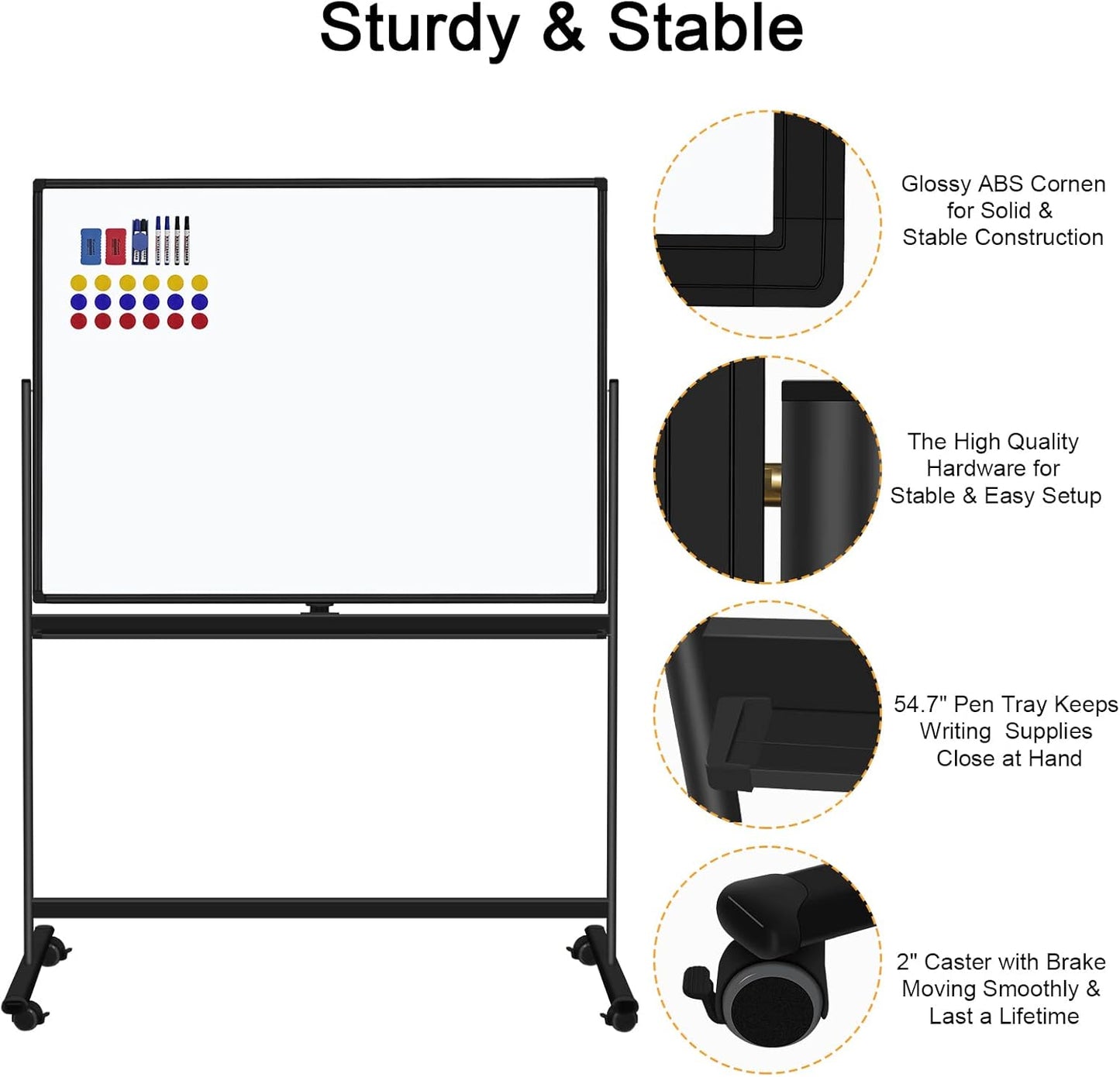 H-Qprobd 48"x36" Mobile Whiteboard Double-Sided Magnetic Dry Erase Board on Wheels - Comercial Rolling White Boards with Sturdy Stand for Home, Office & School