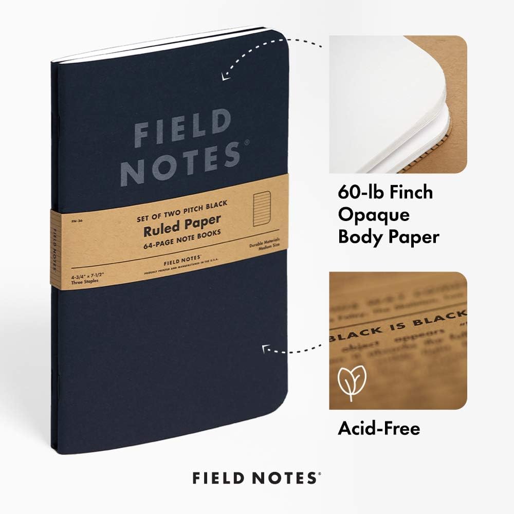 Field Notes 2-Pack Pitch Black Notebooks (4.75" X 7.5"), Ruled, 64 Pages | Thin Pocket Sized EDC Notebook With 90 GSM Paper & Paperback Cover | Work Notebooks For Note Taking | Made in the USA