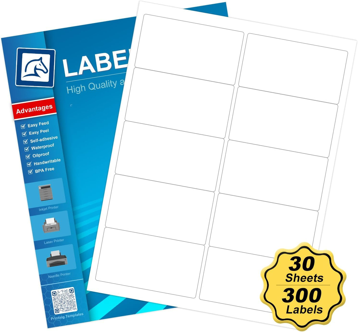 2" x 4" Shipping Address Labels, Laser/Inkjet Label Printer White Labels, Strong Adhesive Mailing Shipping Label（30 Sheet, 300 Labels）（HB-R010）