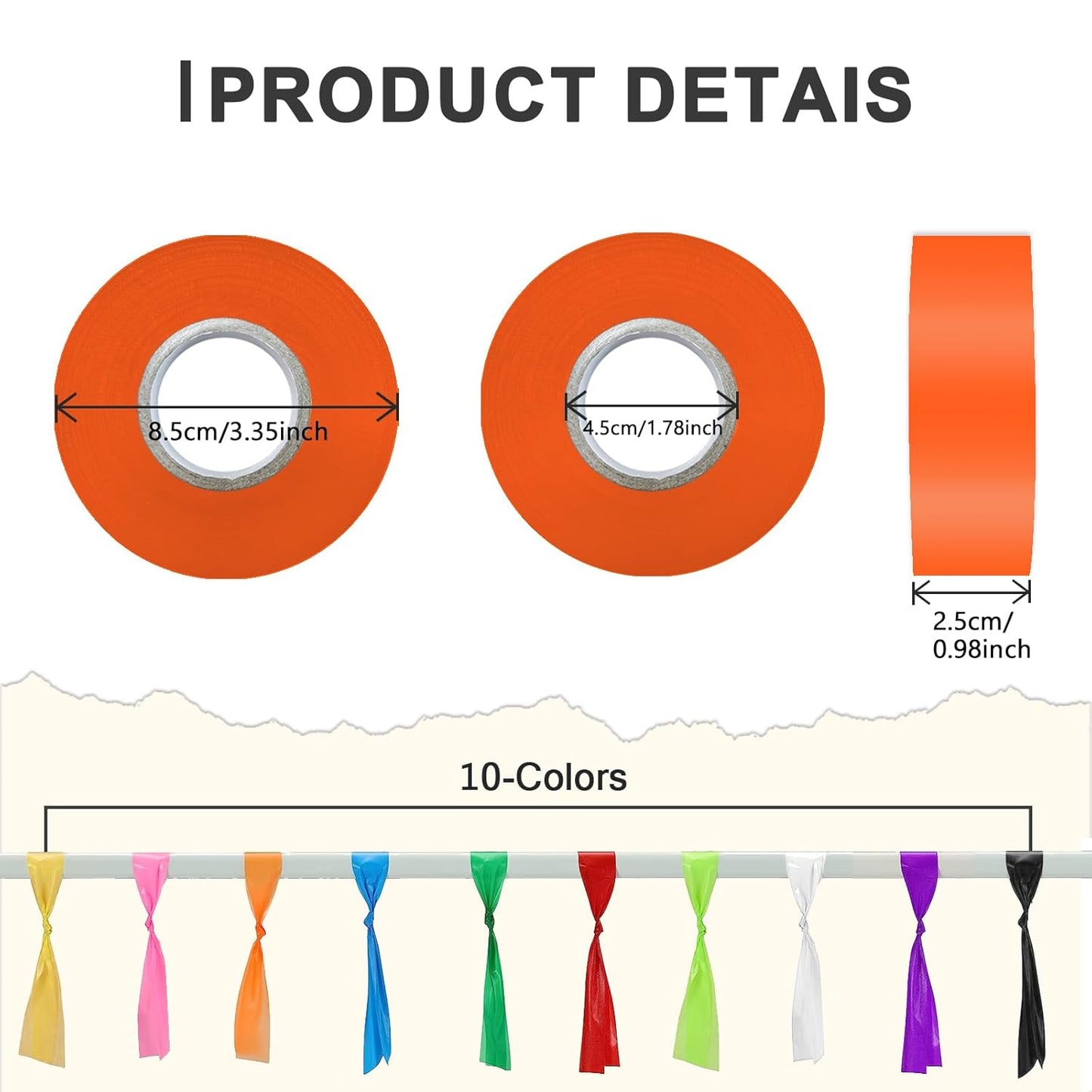 10 Pack Flagging Tape 10 Assorted Colors, Non-Adhesive Plastic Ribbon Neon Marking,1"*2000' Marking Tape for Tree Marking, Hunting, Boundaries and Hazardous Areas,Trail Marking