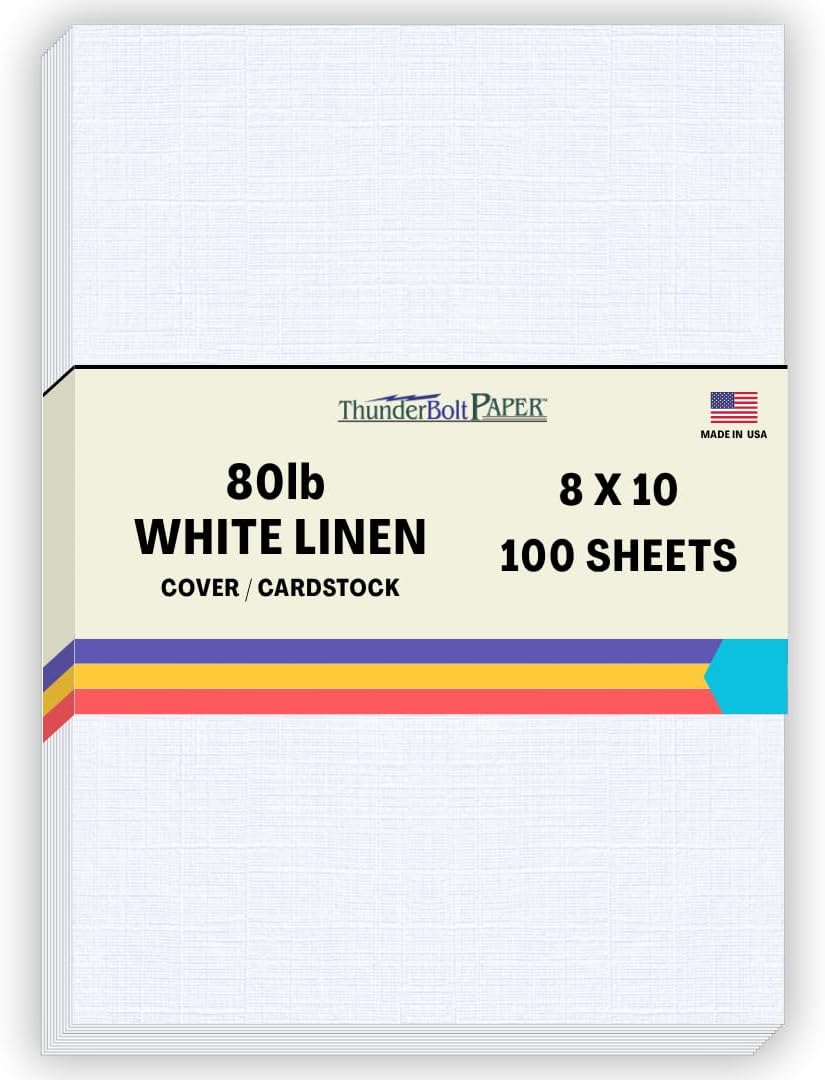 100 Bright White Linen 80# Cover Paper Sheets - 8" X 10" (8X10 Inches) Photo|Picture-Frame Size - 80 lb/pound Card Weight - Fine Linen Textured Finish - Quality Cardstock