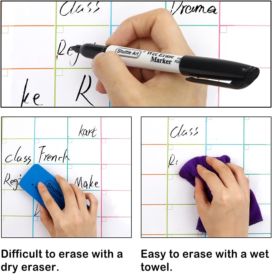 Shuttle Art Wet Erase Markers, 15 Pack Black 1mm Fine Tip Smudge-Free Markers, Use on Laminated Calendars,Overhead Projectors,Schedules,Whiteboards,Transparencies,Glass,Wipe with Water