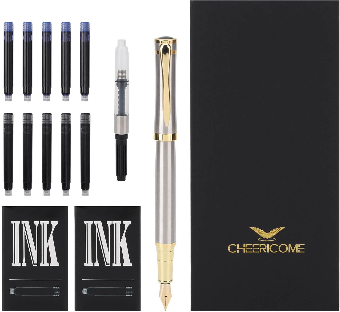 Cheericome Fountain Pen - Luxury Fountain pen set for Men & Women - Ink Pen for Smooth Writing - Fountain Pen Fine Nib，Includes 10 Ink Cartridges and Ink Refill Converter - Silver