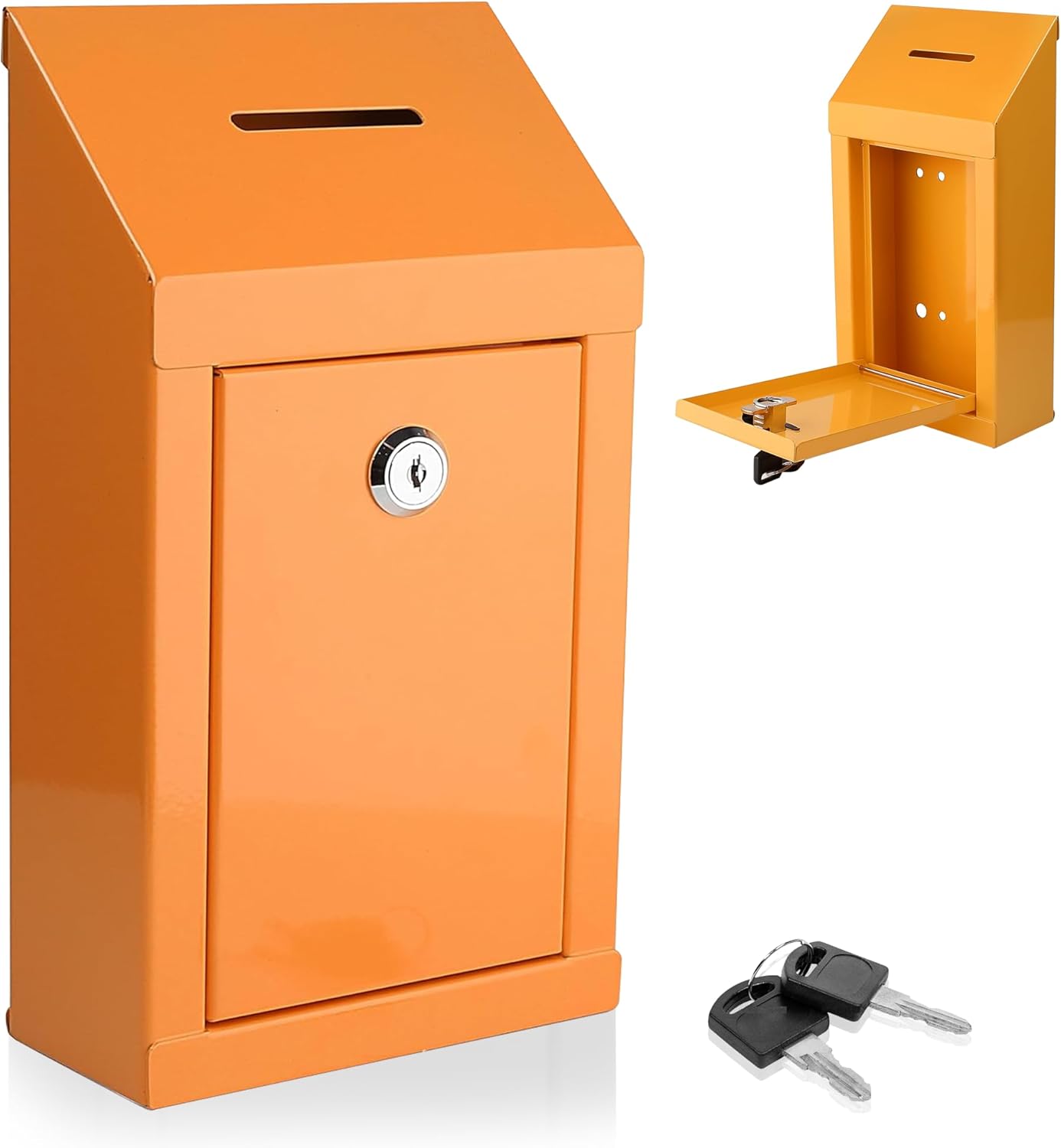 Metal Donation Box-Suggestion Box with Slot and lock-Cash Lock box for Money-Secure Drop Box-Comment and ballot voting box-comes with pre-drilled holes for easy wall mounting 10 X 6 X 2.5"(Orange)