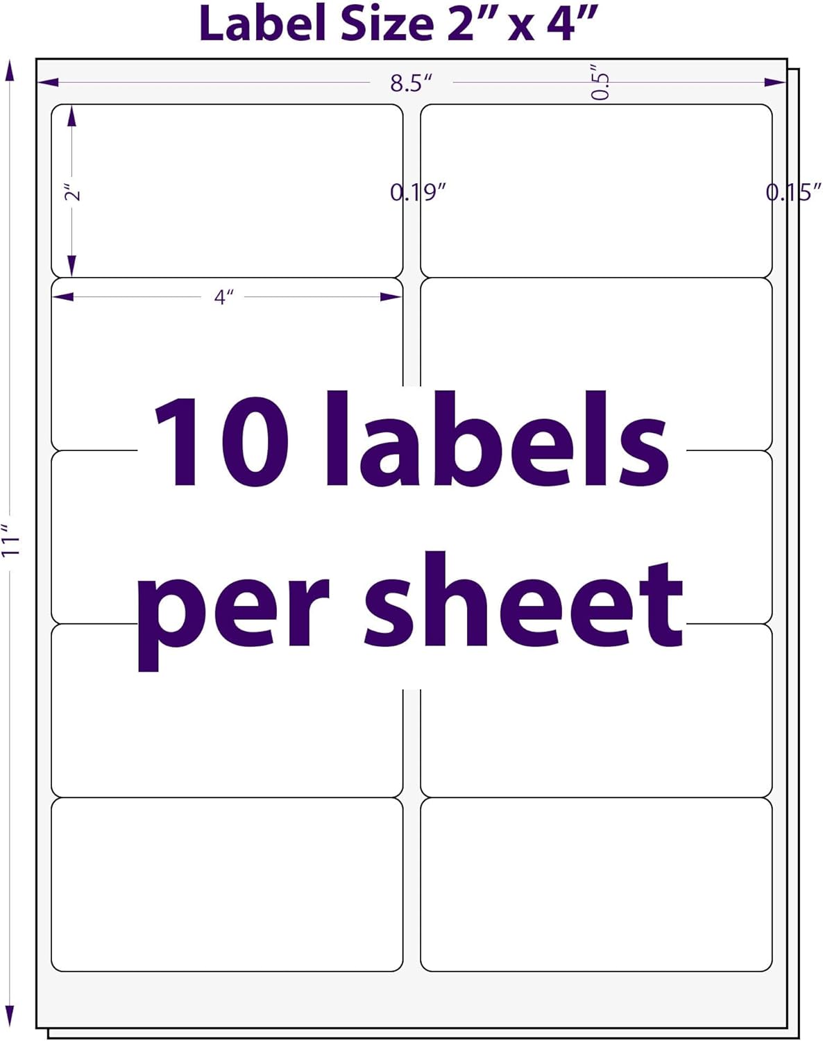 2" x 4", 25 Sheets, 250 Blank Shipping Labels, Printable White Sticker, Shipping Labels for Laser & Inkjet Printers, Letter Size