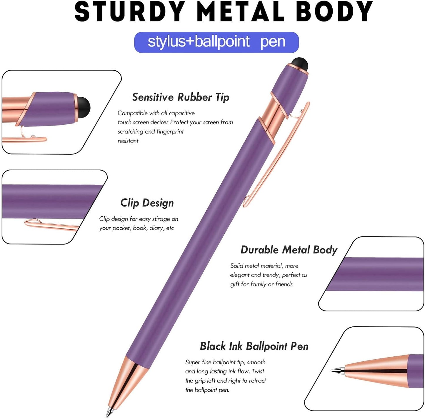 12 PCS 2 in 1 Stylus Ballpoint Pen with Stylus Tip, 1.0 mm Black Ink Metal Pen Stylus Pen for Touch Screens (Light Purple)