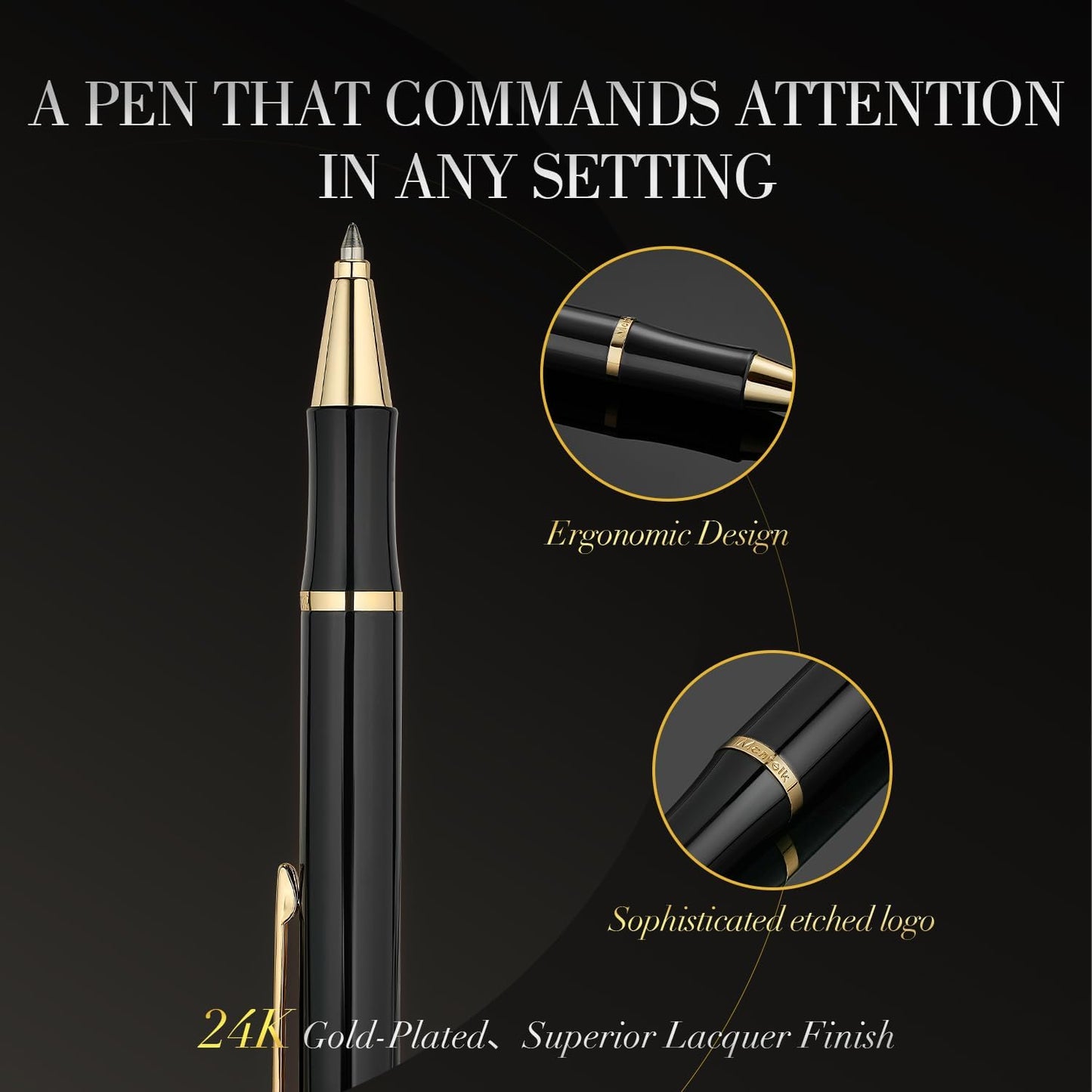 Black Gel Pen With 24K Gold Finish, Fine lacquer work, Best Men's And Women's Gift Pen Set, Professional, ADMOK Black Refill, Smooth Writing, Executive, Office, Click, Nice Retractable Pens