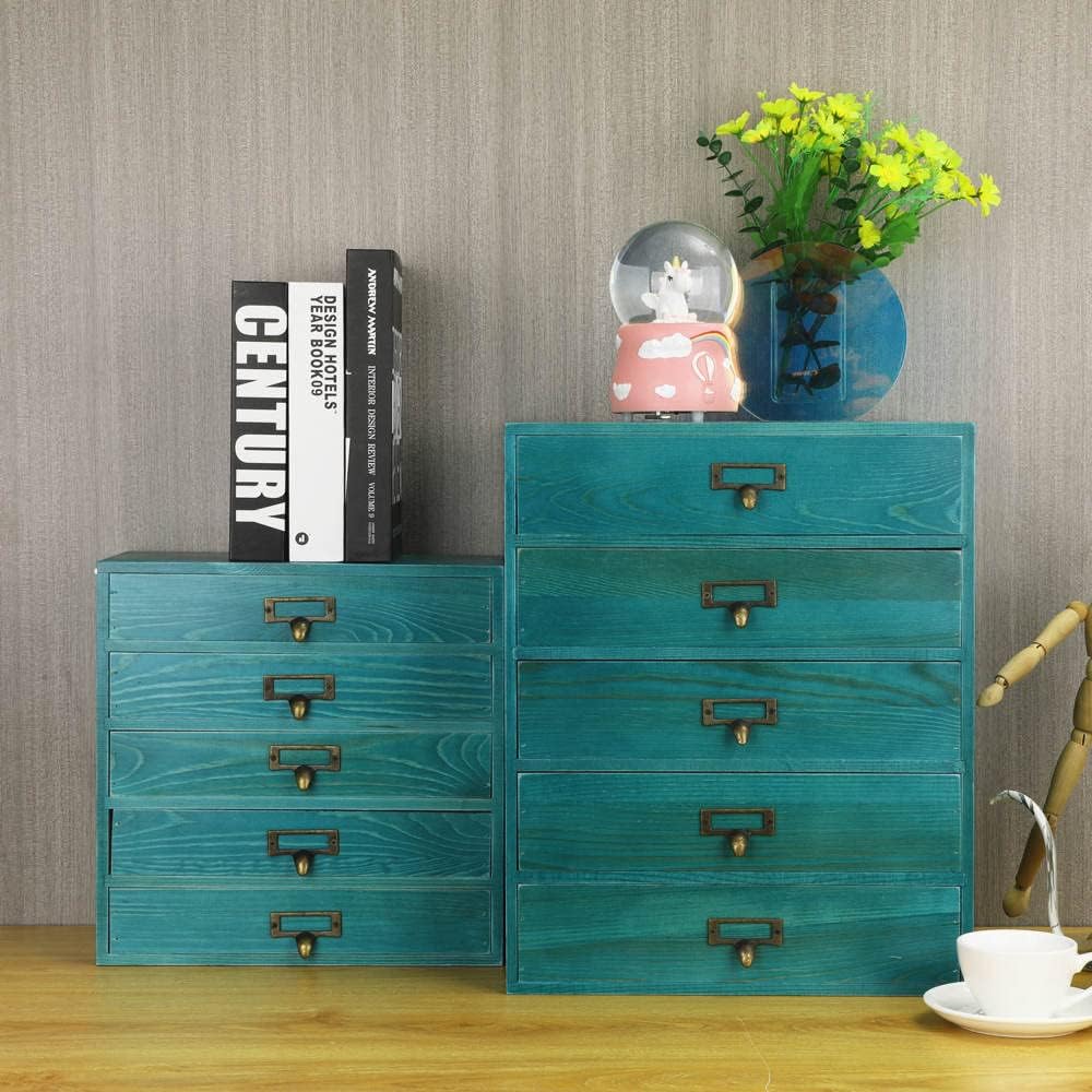 Small Wooden Drawers Rustic Desk Organizers and Accessories Wooden Storage Box with Drawers Desktop Storage Library Card Catalog Cabinet School Supply Storage Apothecary Cabinet(S-BLUE)