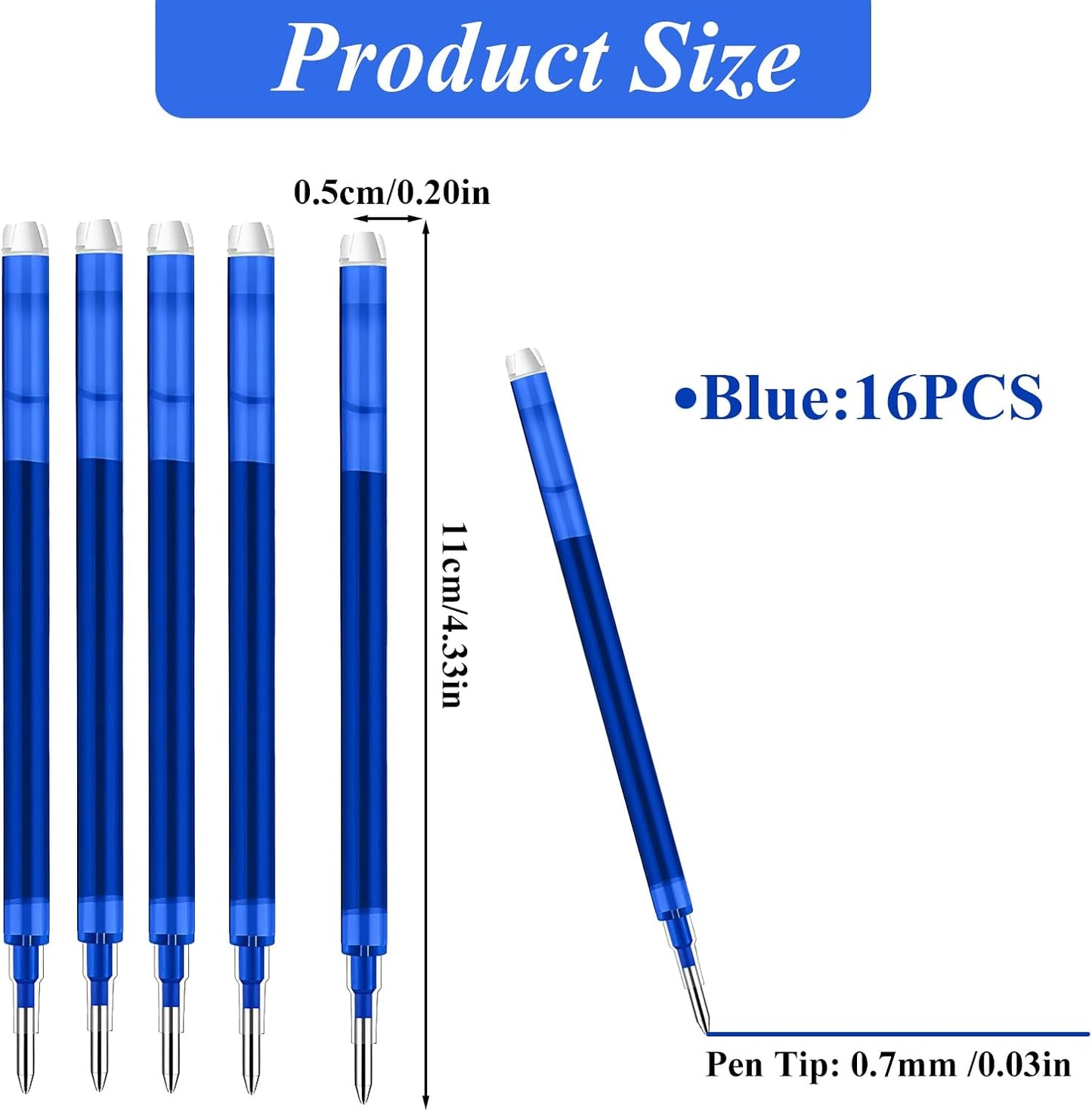 0.7 mm Erasable Gel Ink Pen Refills Compatible with Frixion Friction, Smooth Writing Multicolor Retractable Fine Point Pen Refill for School Office Home Art (Blue, 16)