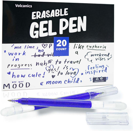 Volcanics Erasable Gel Pens Blue Ink 20 Pack Erasable Gel Ink Pens with Caps, Smooth Writing, Erasable Pens for School, Office, Drawing, Journaling
