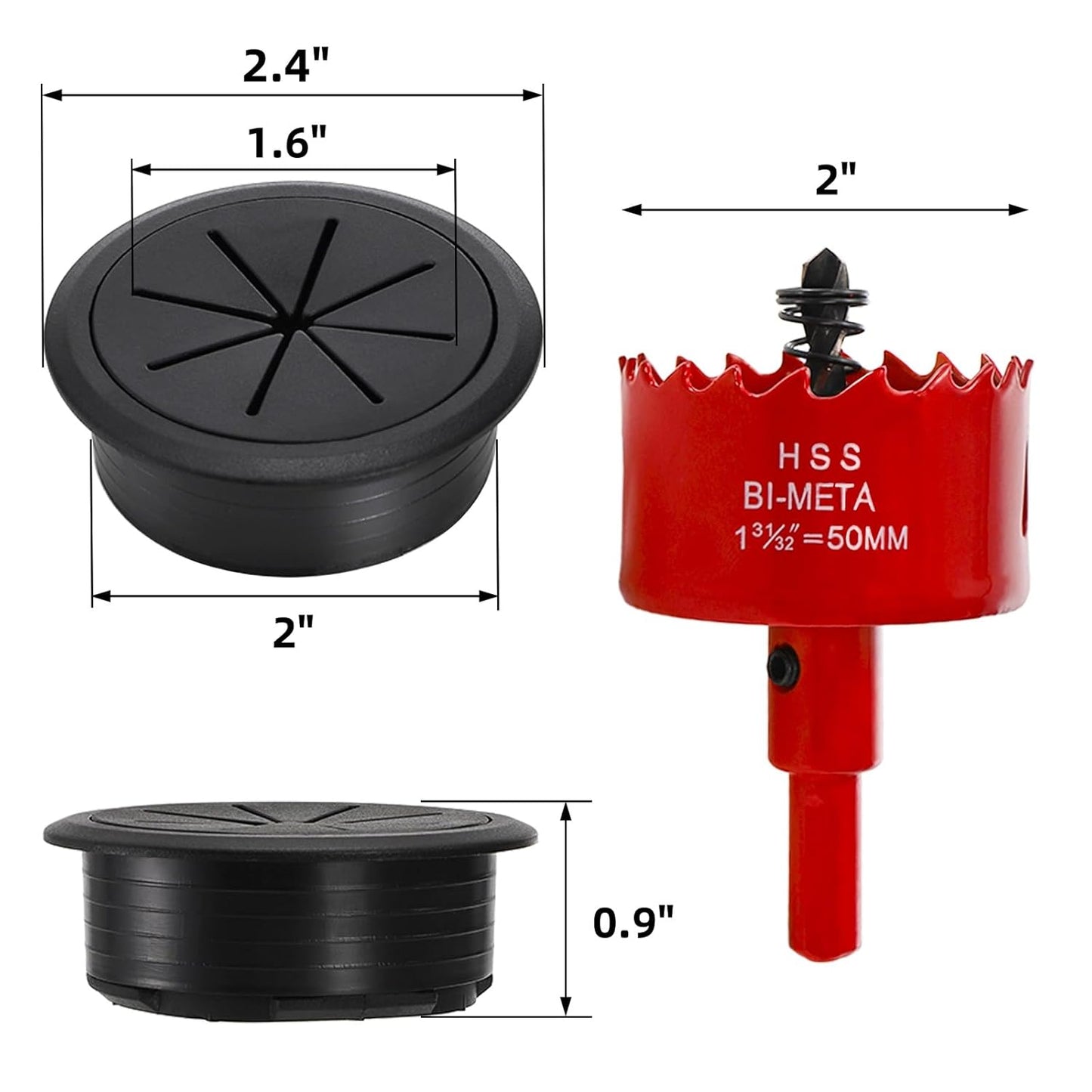 20 Pack Desk Grommet with Hole Saw, 2 Inch Desk Cable Hole Cover with Built-in Hole Saw, Wire Cord Cable Grommet for Home Office, Black