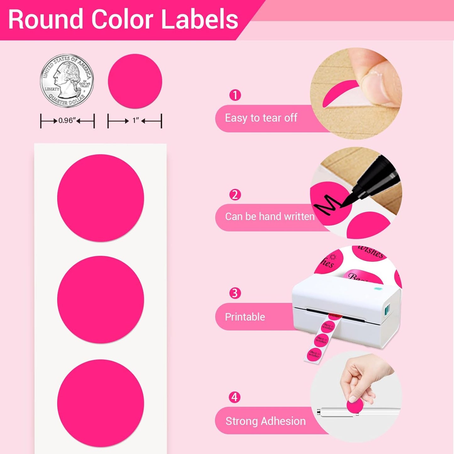 1 Inch Circle Dot Stickers 1000 PCS Color Coding Thermal Labels Dots Writable Printable Small Round Stickers for Office, Classroom, Inventory, Garage, Organizing Storage, Fluorescent Pink