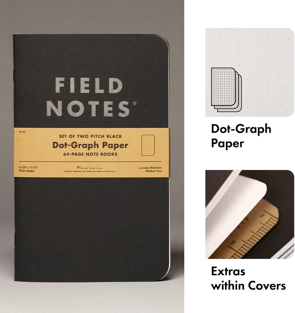 Field Notes 2-Pack Pitch Black Notebooks (4.75" X 7.5"), Dot-graph, 64 Pages | Thin Pocket Sized EDC Notebook With 90 GSM Paper & Paperback Cover | Work Notebooks For Note Taking | Made in the USA