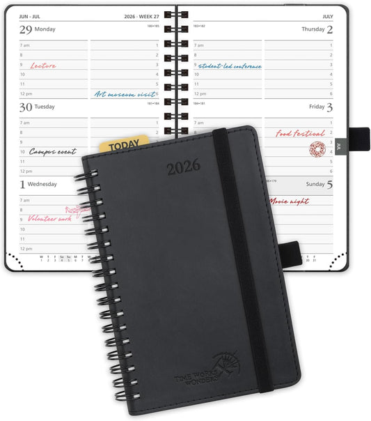 POPRUN Pocket 2026 Planner (Small Size- 4'' x 6.25'') Weekly and Monthly for Purse - Calendar 2026 (Jan. 2026 - Dec.2026) with Soft Cover, Plastic Ruler - Black